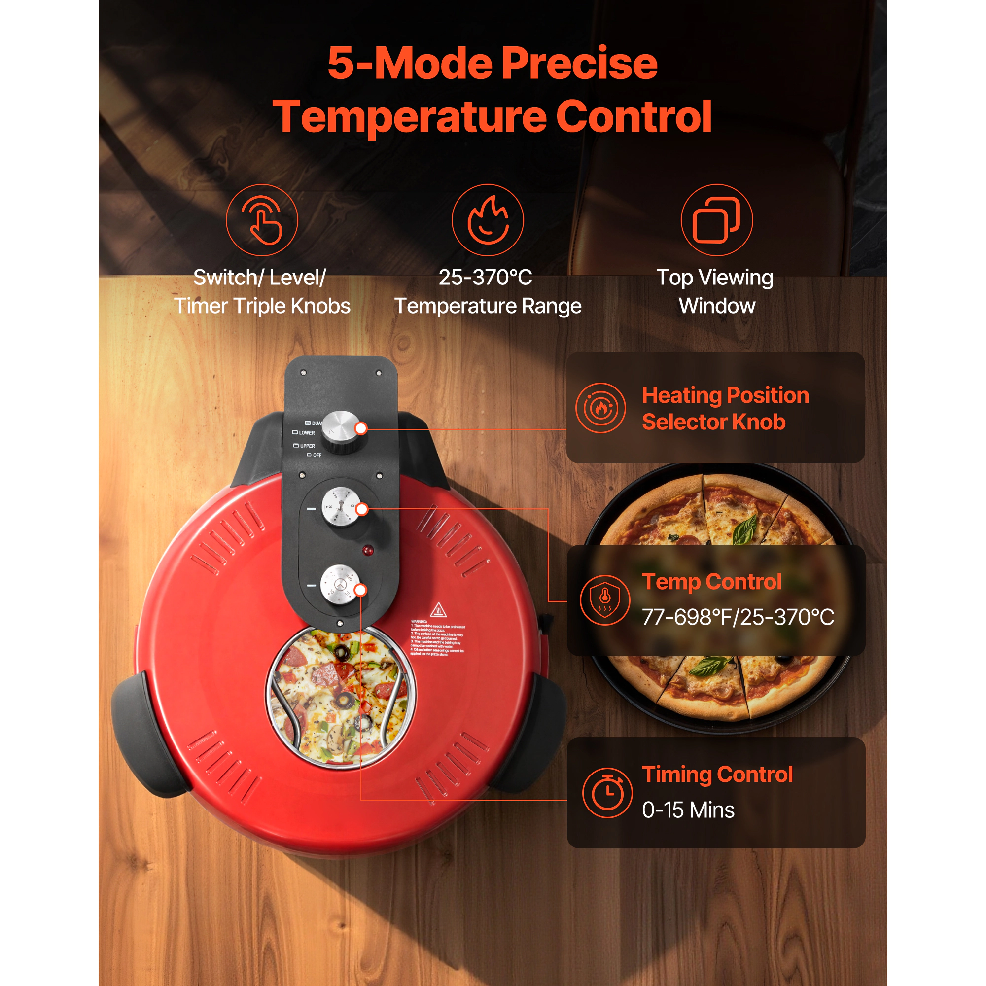 HONGGE Pizza Oven, Electric Maker, Pizzas Cooker with Cordierite Stone, 5-Mode Temperature Control