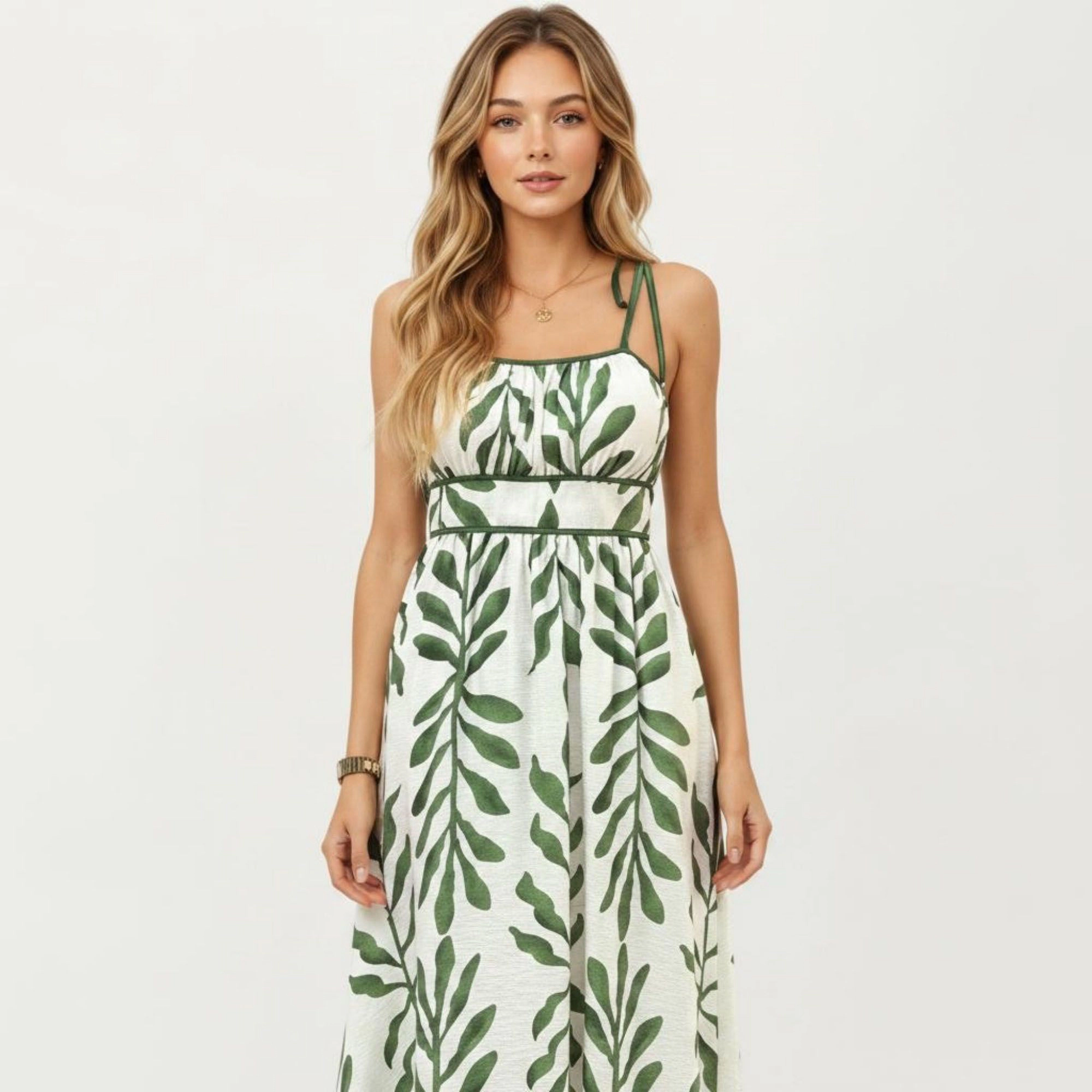 Anna-Kaci Women's Sleeveless Leaf Print Tie Shoulder Straps Smocked Back A-Line Midi Dress