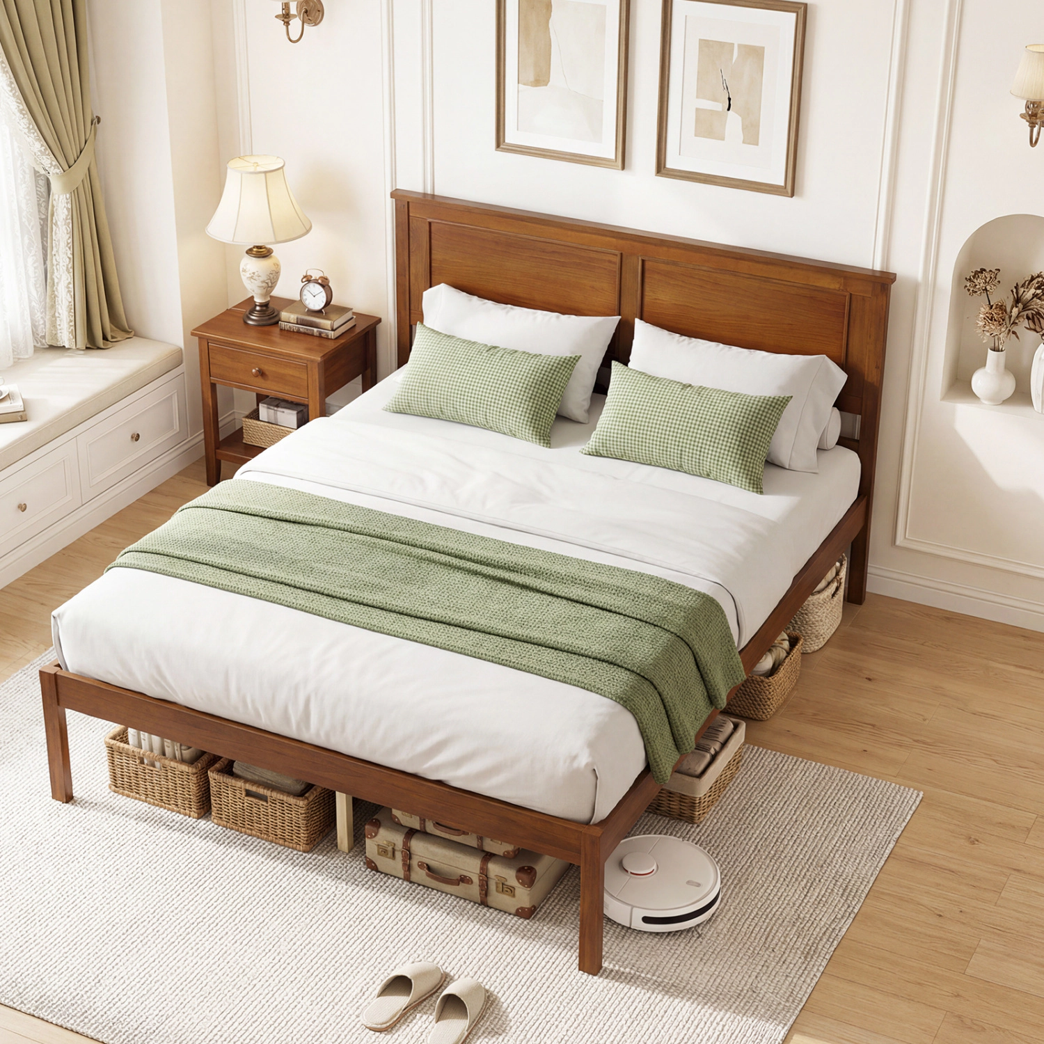 LJG Full/Queen/Twin Bed Frame Farmhouse Wooden Platform with Headboard