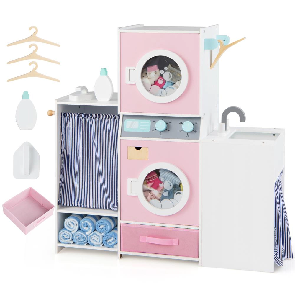 Hivvago Wooden Kids Laundry Playset with Laundry Detergent Bottle and Clothes Hangers