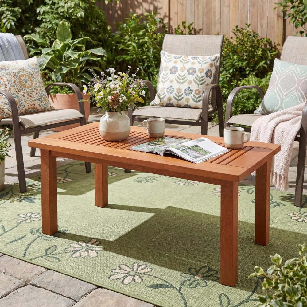 Hivvago 35.5 Inch Outdoor Modern Rectangular Coffee Table With Slatted Top For Backyard
