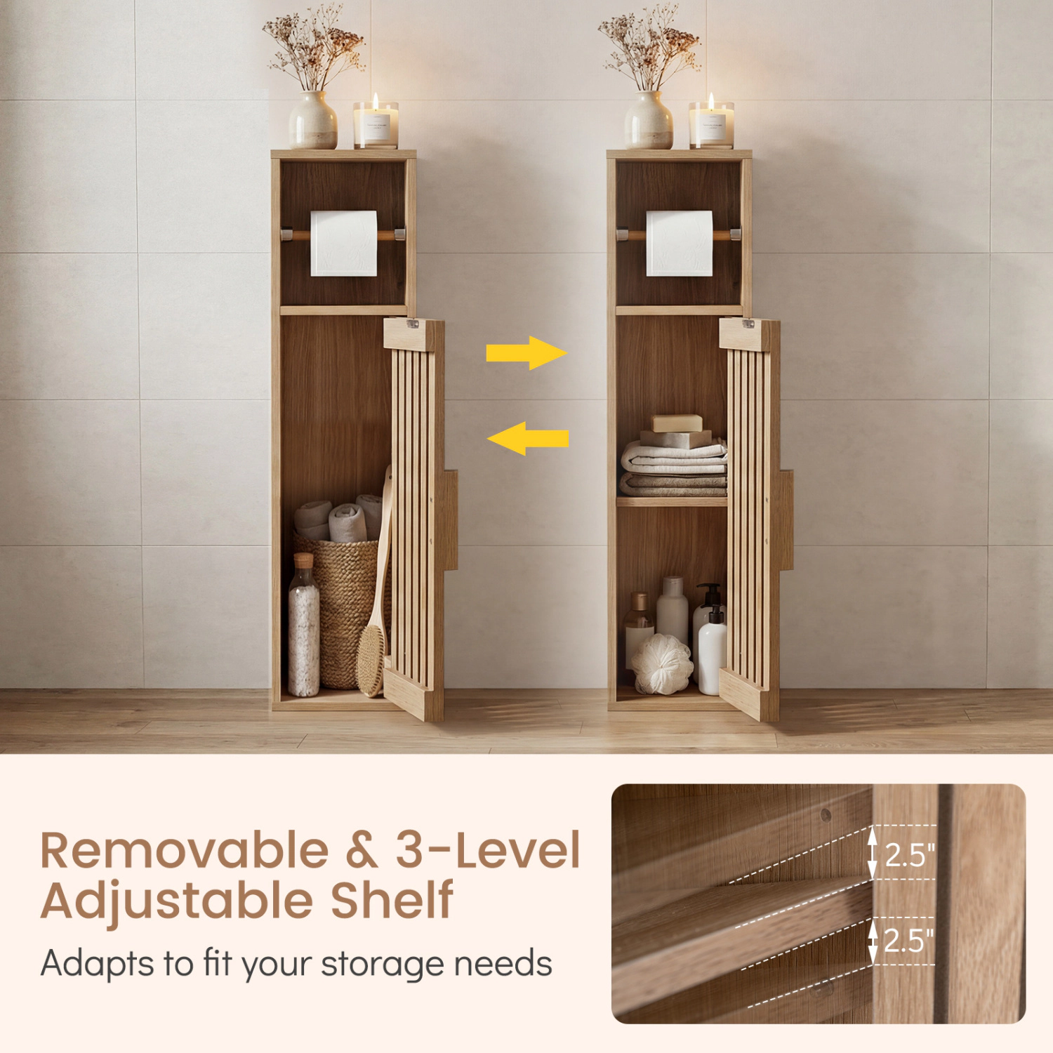 Glintex Slim Toilet Paper Holder Stand with Hidden 2-Tier Cabinet and Slat Door, Natural