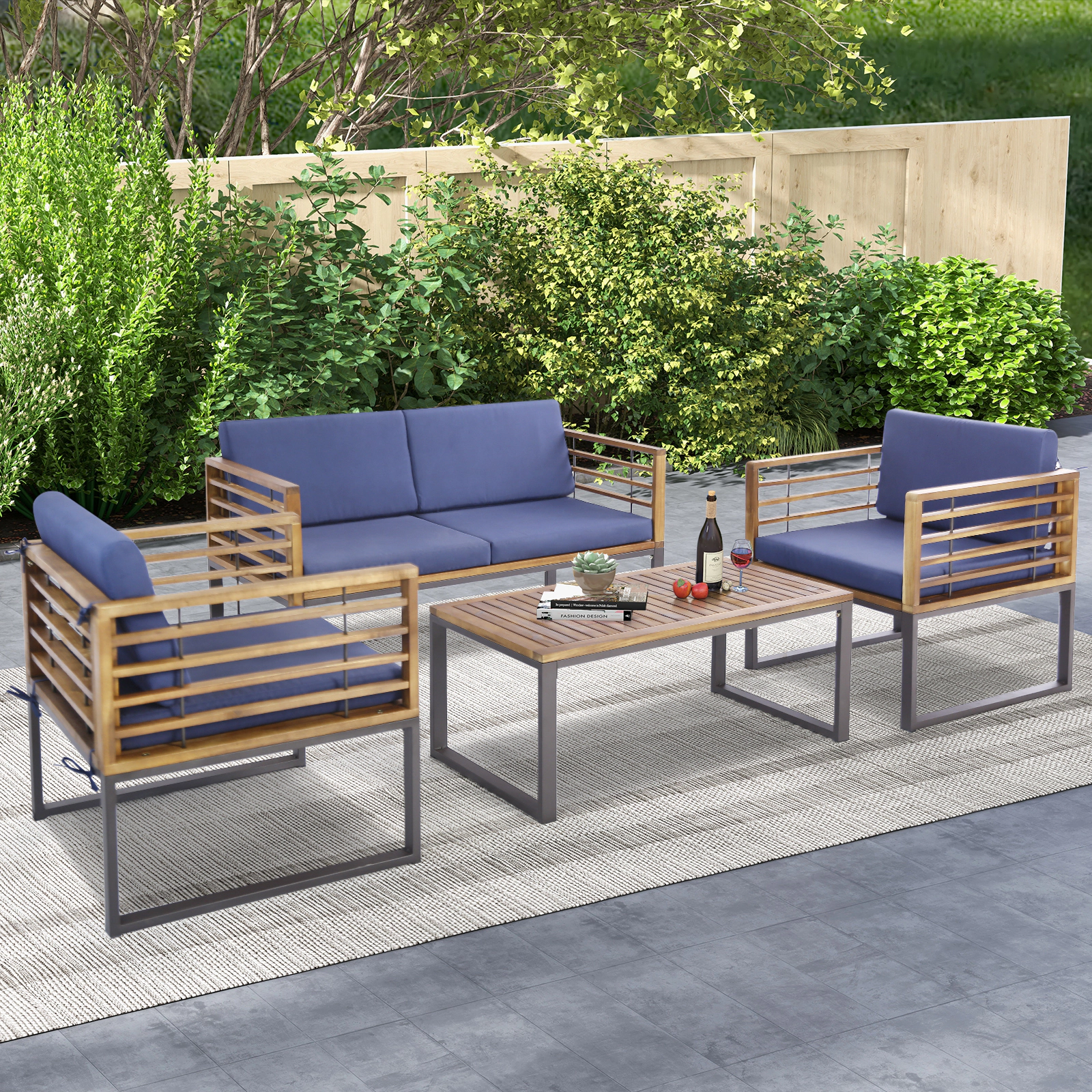 LJG 4 Piece Patio Acacia Wood Conversation Set with Soft Seat