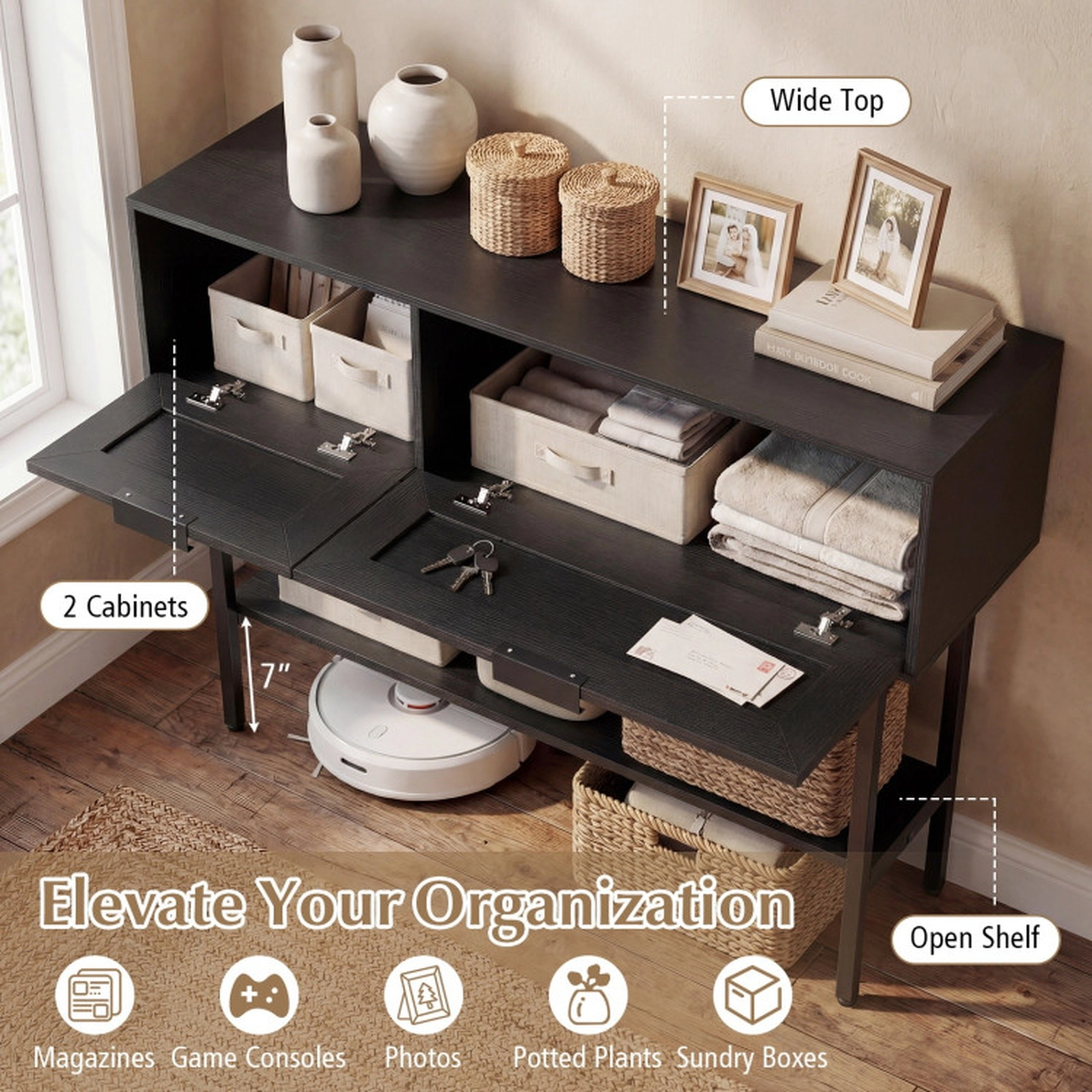 SUGIFT PE Rattan 2 Cabinets Open Shelf Carbon Steel Frame Console Table 40-in x 12-in x 30-in 90-lb Capacity Black