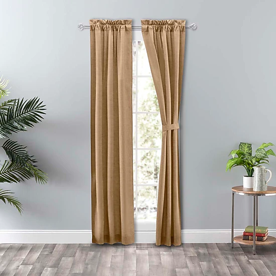 Ellis Curtain Lisa Solid Color Poly 3" Rod Pocket Cotton Duck Fabric Tailored Panel Pair with Ties 56" x 63" Tan