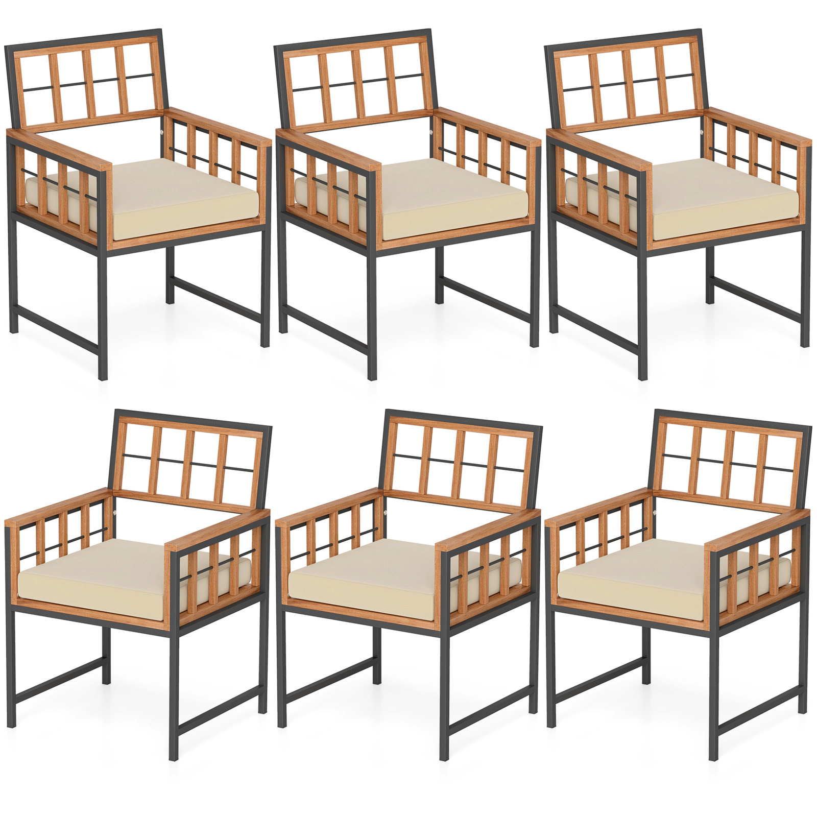 LJG Set of 6 Patio Dining Chairs Acacia Wood Armchairs with Cushions