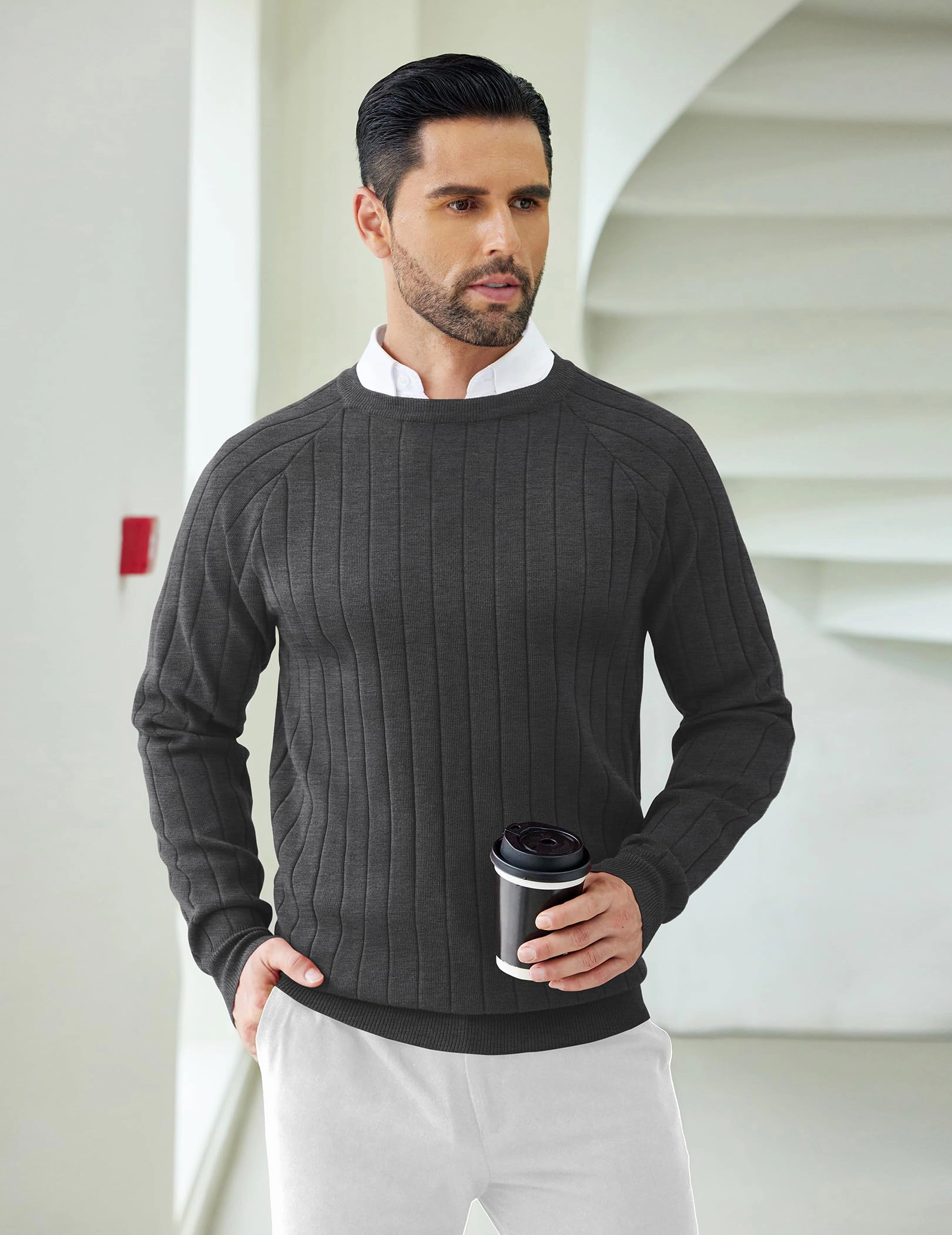 COOFANDY Mens Ribbed Knit Sweater Crew Neck Long Sleeve Raglan Fall Casual Pullover