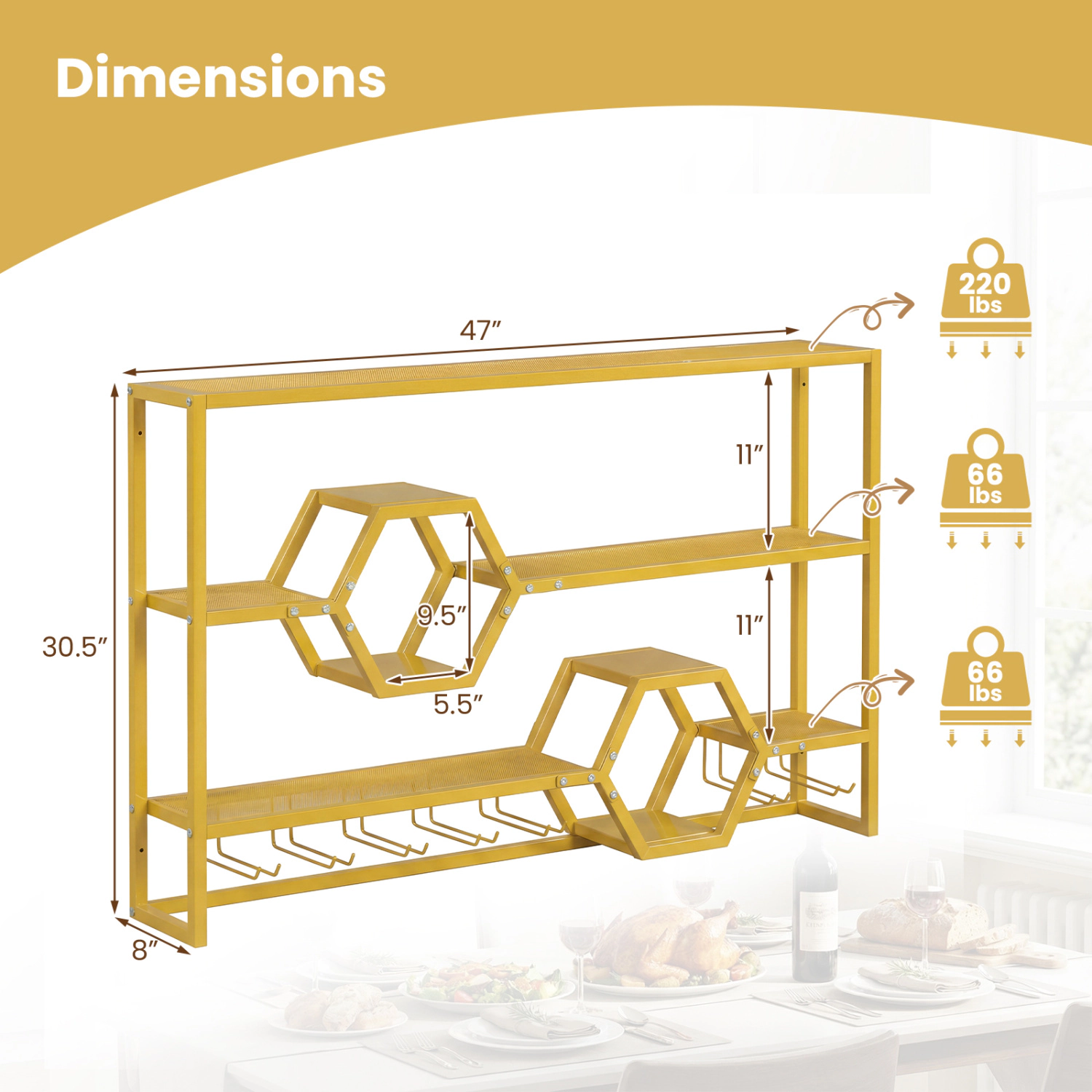 SUGIFT 47-in Wall Mounted Metal Wine Rack with 3 Shelves, Glass Holder and Honeycomb Cubbies 352-lb Capacity Black/Gold