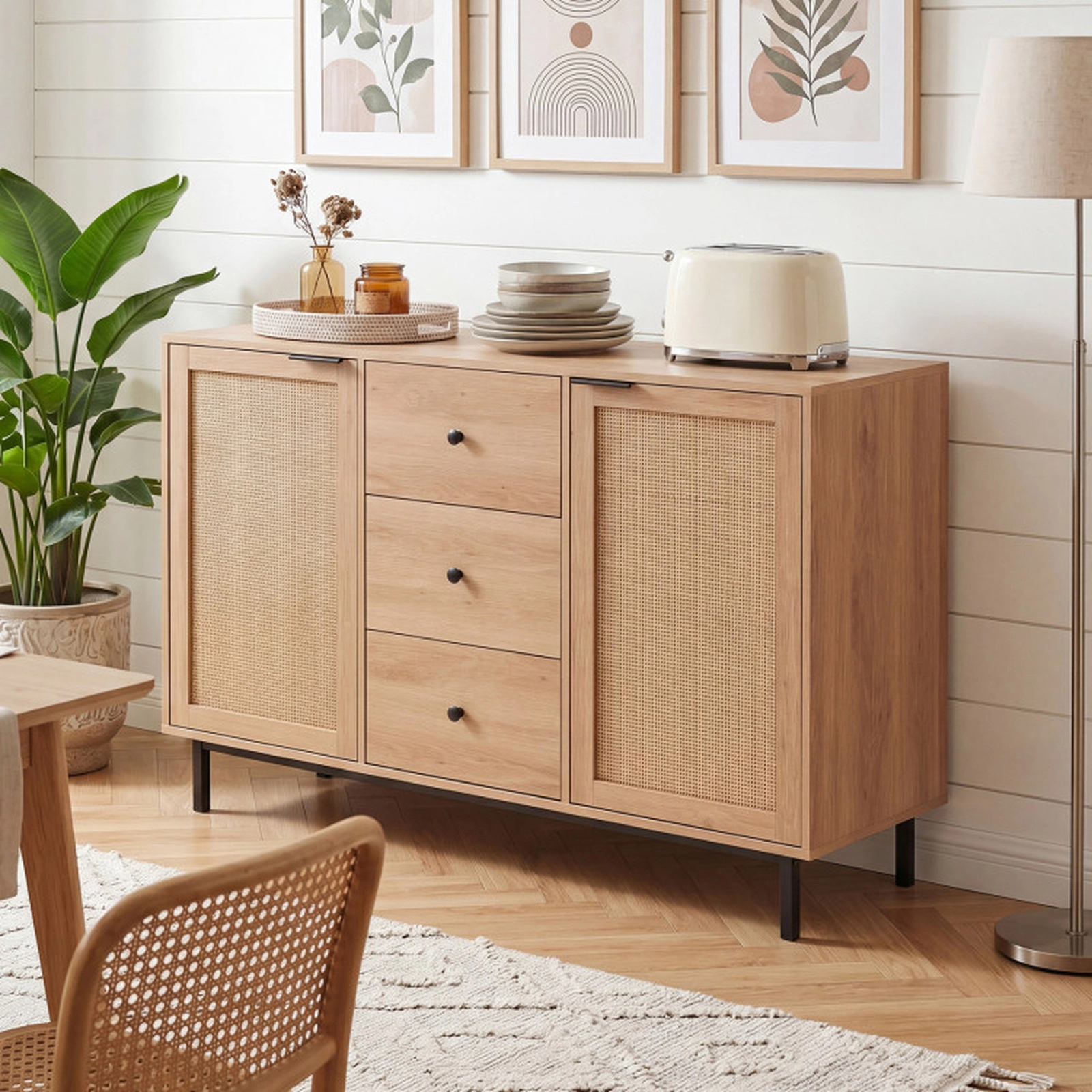 SUGIFT Rattan Door Sideboard Buffet Cabinet Coffee Bar Table 110-lb Tabletop Capacity Brown/Natural