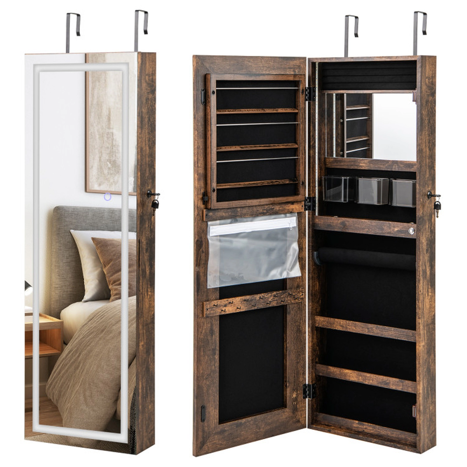 SUGIFT 42.5-in Lockable Full-Length Jewelry Mirror Wall Cabinet Armoire 3-Color LED Lights Velvet Lining Rustic Brown