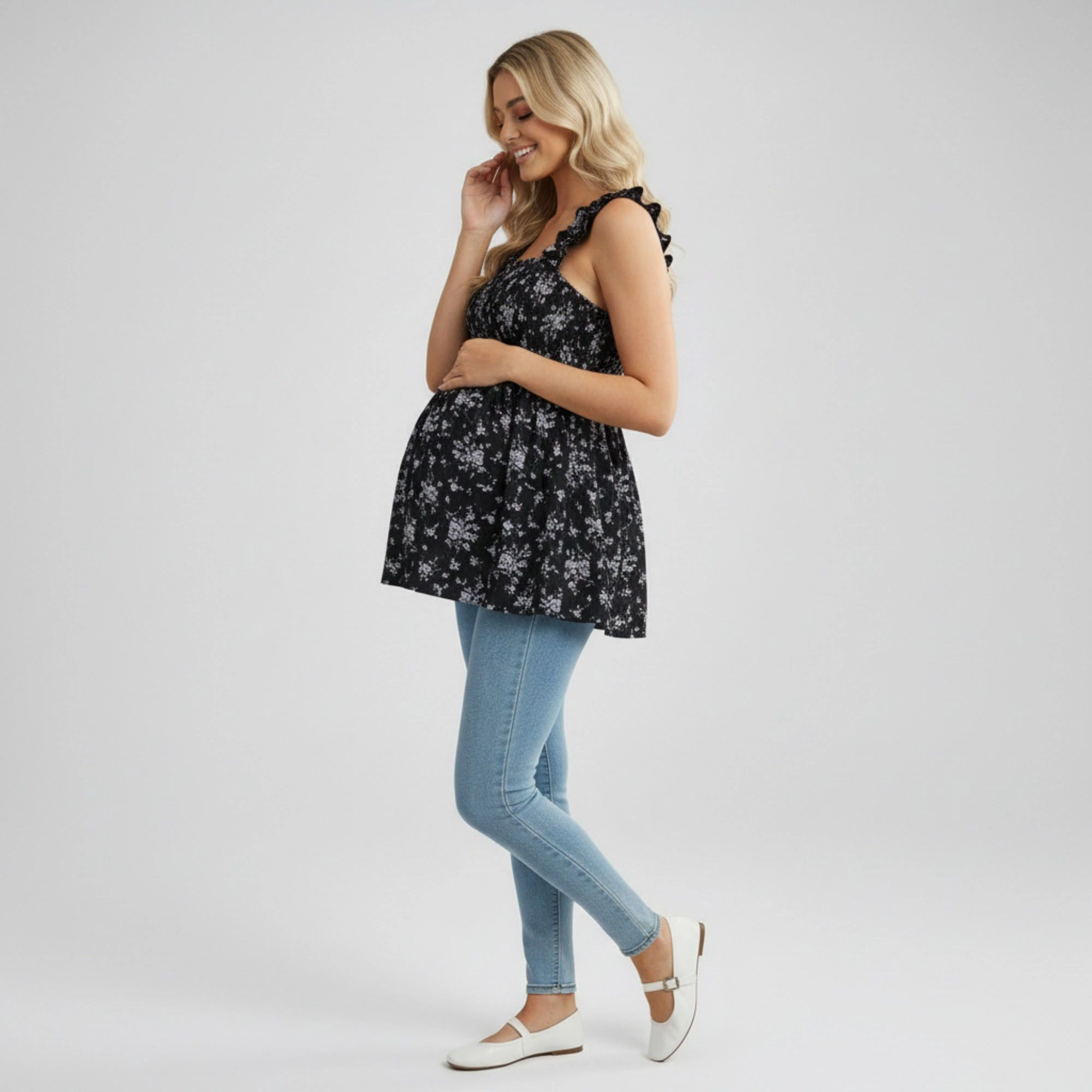 Anna-Kaci Womens Maternity Floral Smocked Babydoll Top with Ruffle Straps