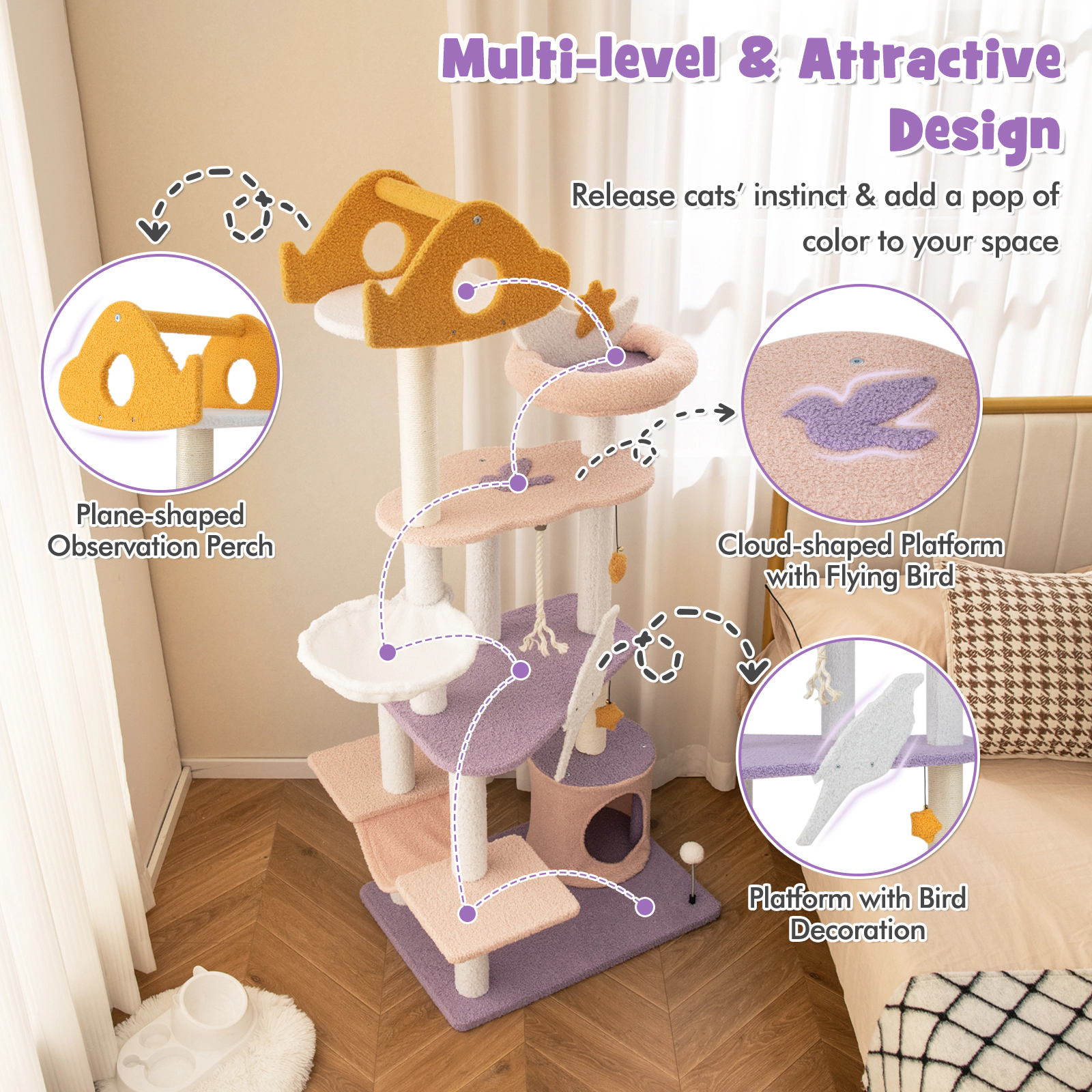 SUGIFT Purple 4-Platform Cat Tree Tower with Hammock and Scratching Posts 27-in W 19-in D 66-in H 33-lb Per Perch