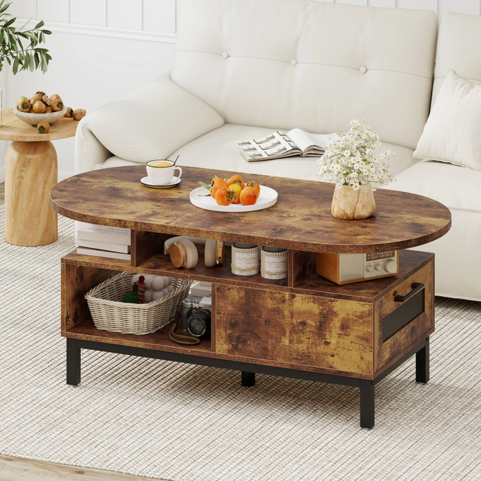 SUGIFT 47-in 110-lb Capacity Rustic Brown Oval Coffee Table with Drawer 2 Open Compartments and 5-Leg Base