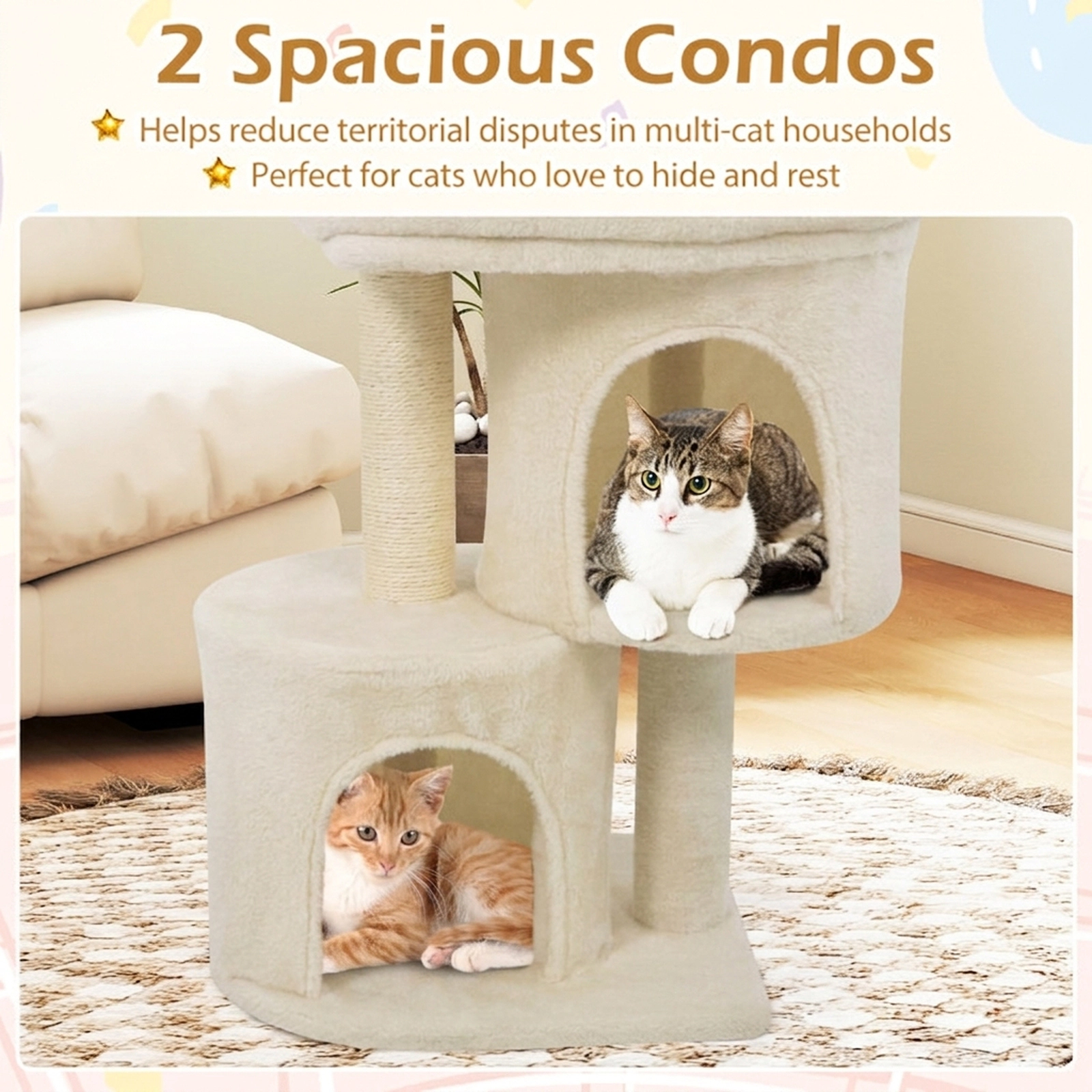 SUGIFT Multi-Level Cat Tree Tower with Large Padded Perch Dual Condos and Sisal Scratching Post 29-lb Capacity Beige