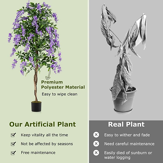 SlickBlue 6 FT Artificial Wisteria Tree with Purple Flowers & Leaves