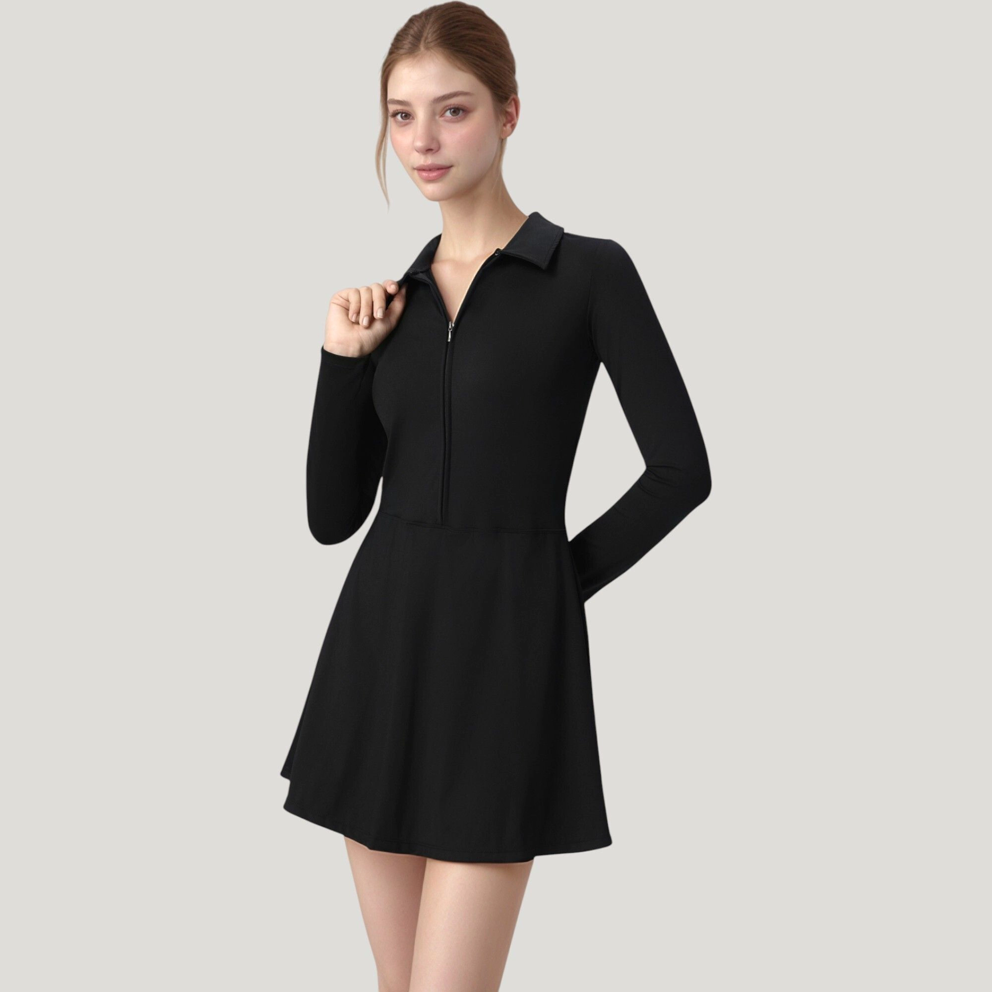 Anna-Kaci Women's Active Dress with Zip Front Closure and Pointed Collar