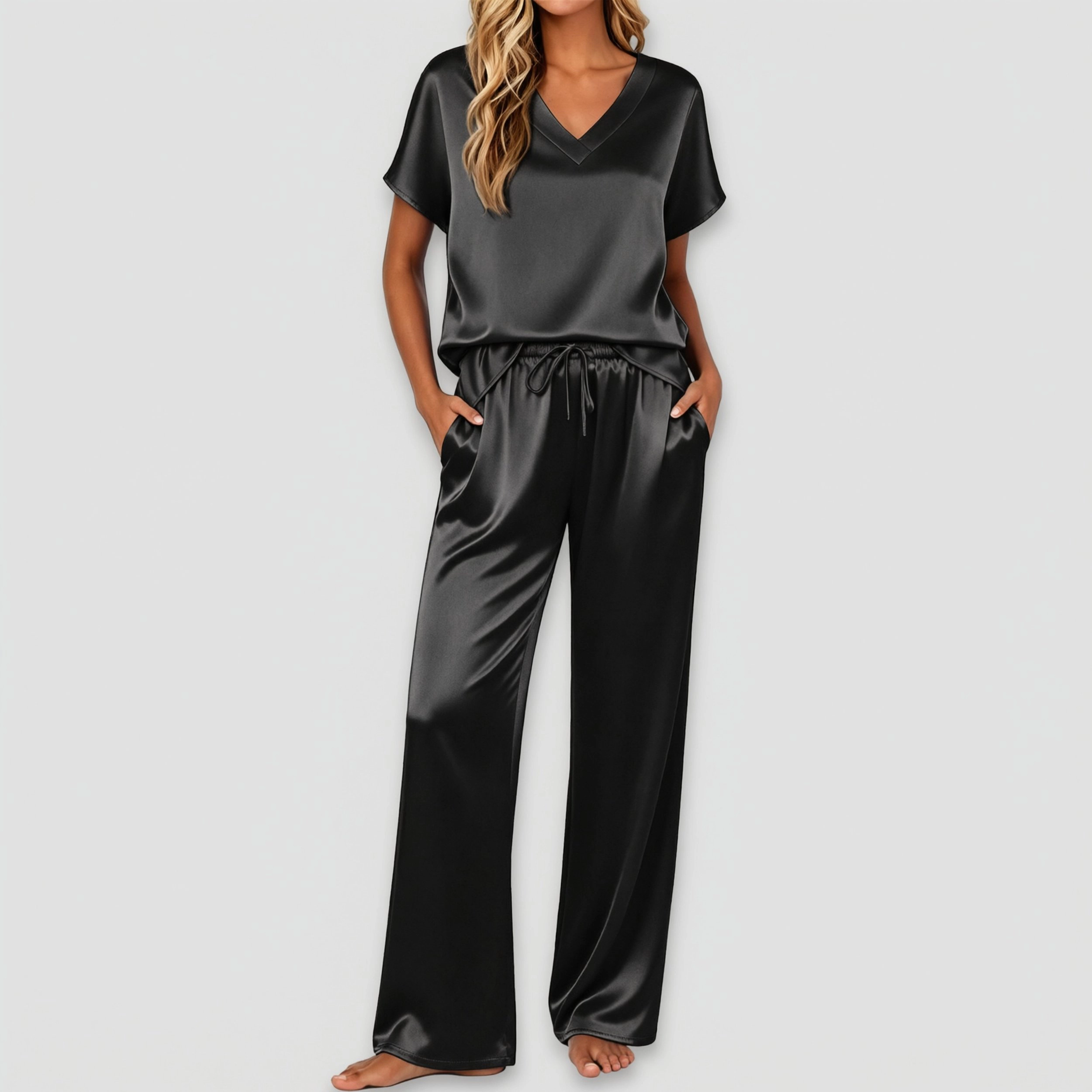 Ekouaer Silk Pajamas for Womens Two Piece Satin Cap Short Sleeve V Neck Shirt Long Pant