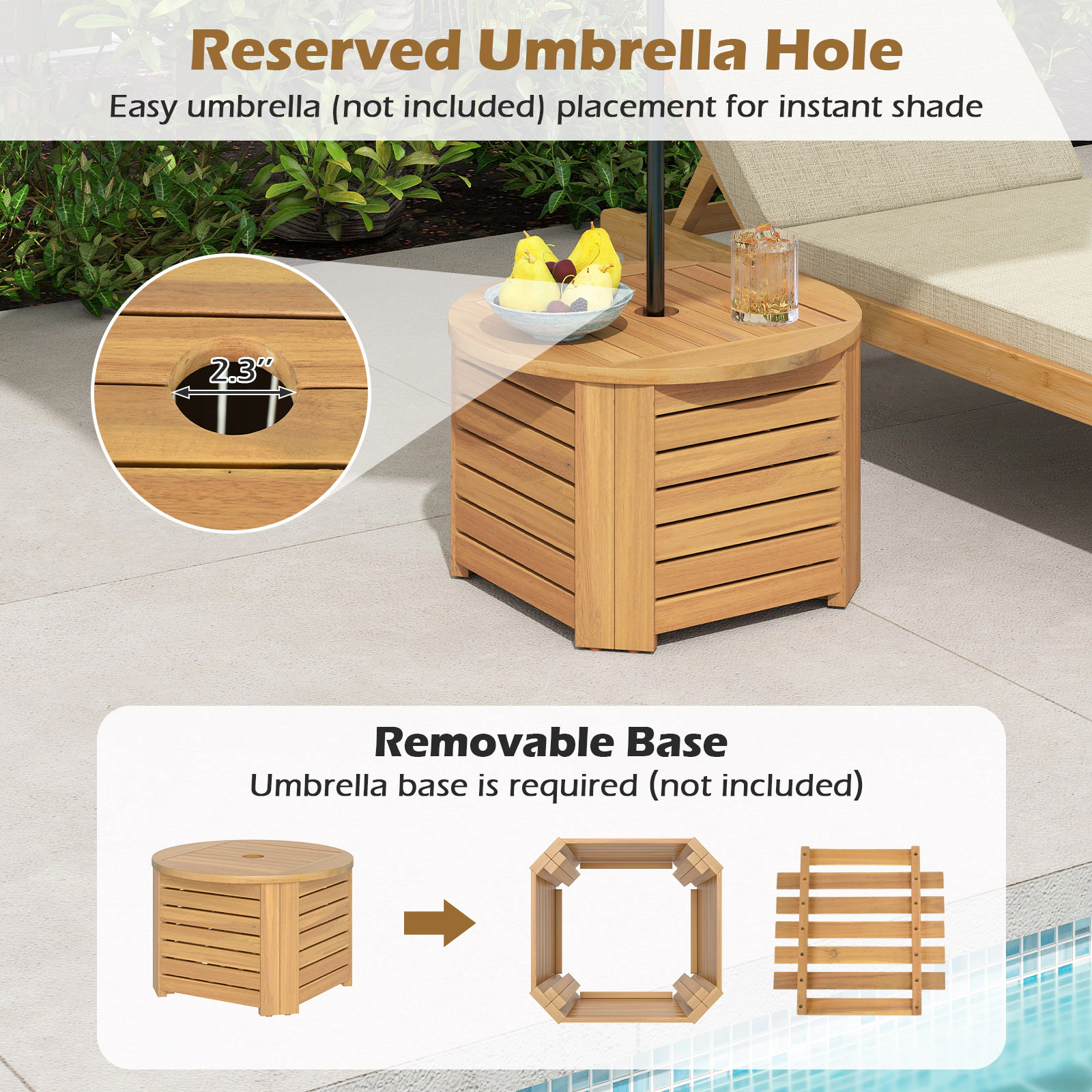 SUGIFT Acacia Wood Removable Top Umbrella Hole Storage Patio Side Table In Natural
