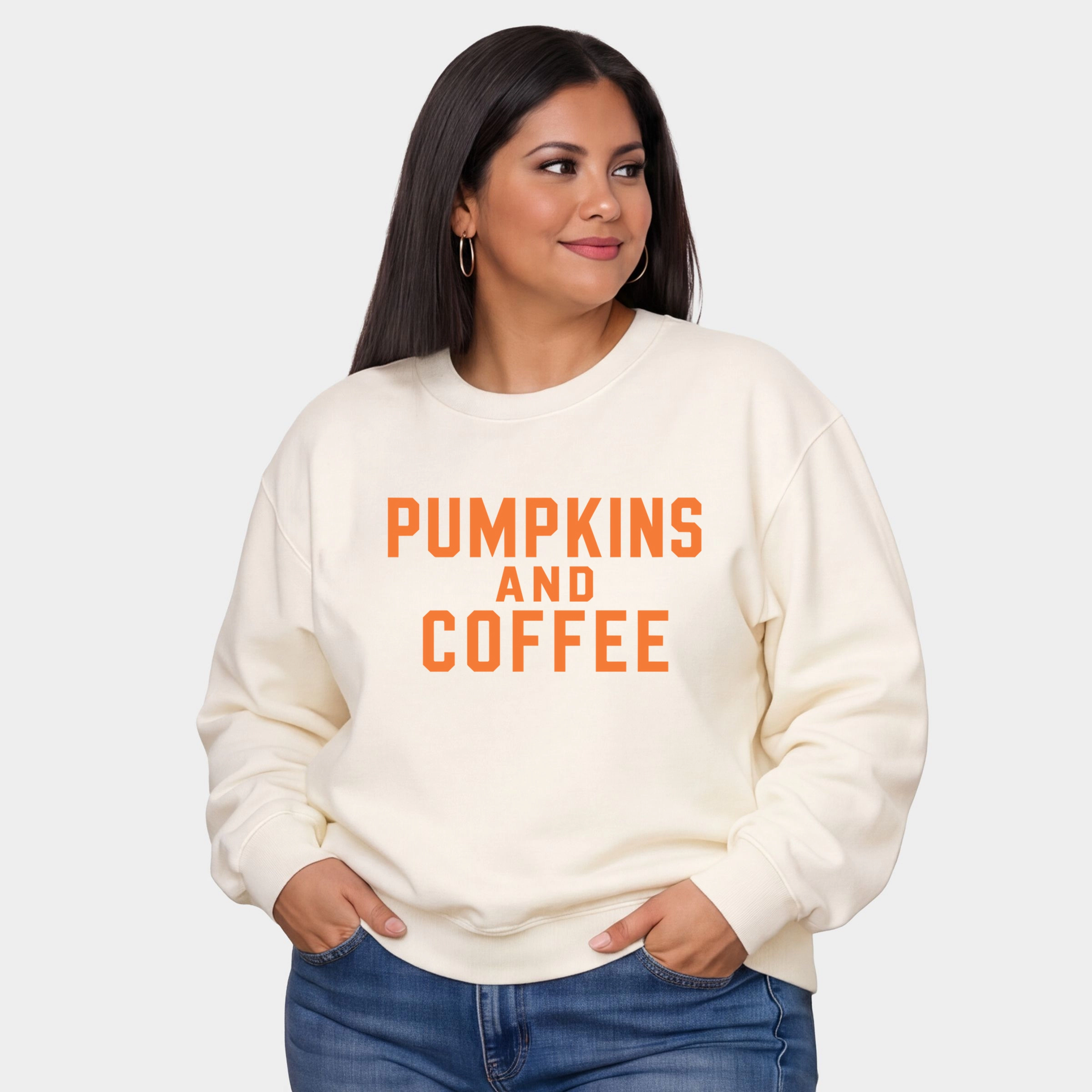 Simply Sage Market - Women's Plus Sweatshirt Pumpkins And Coffee Orange