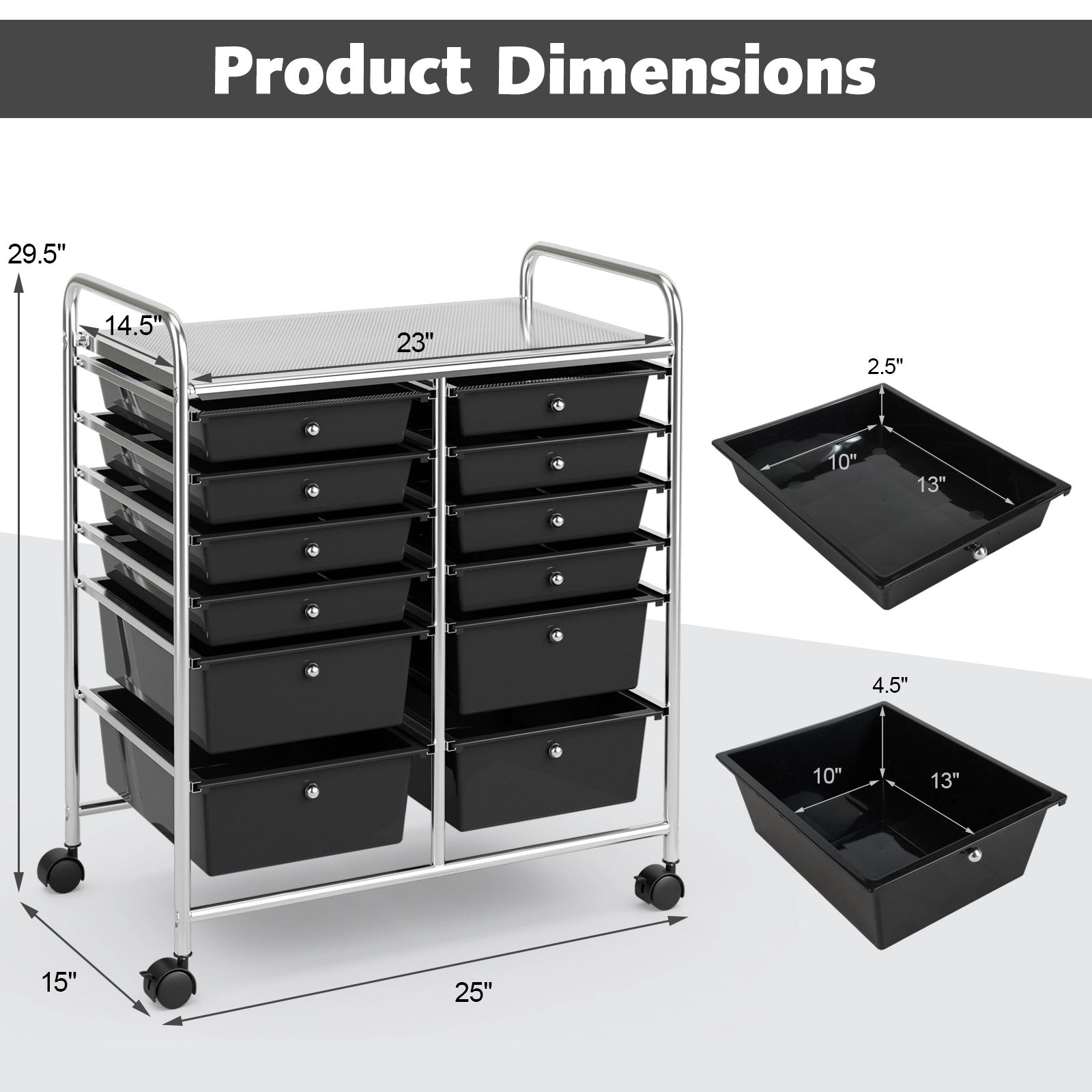SUGIFT Black 29-in 12-Drawer Rolling Storage Cart Craft and Sewing Organizer with 4 Casters and Bins