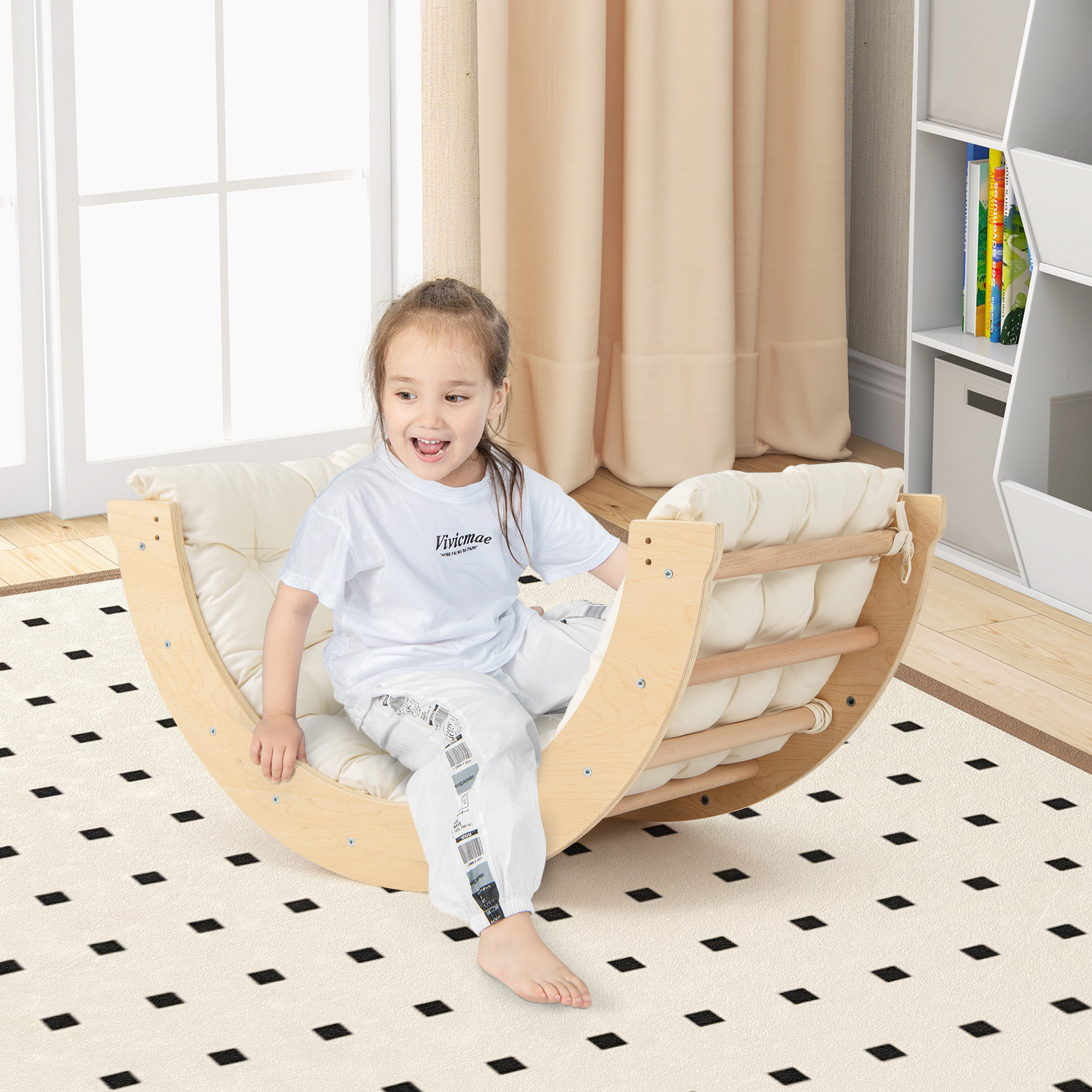 6-in-1 Natural Wood Kids Climbing Arch Detachable Support Legs Rocker Stoppers Padded Mat Toy Bin 110-lb Ages 1-8