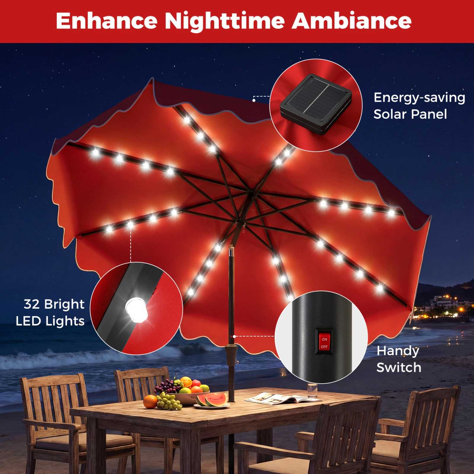 SUGIFT 10 ft Outdoor Patio Umbrella with 32 Solar LED Lights and Weighted Base Bags