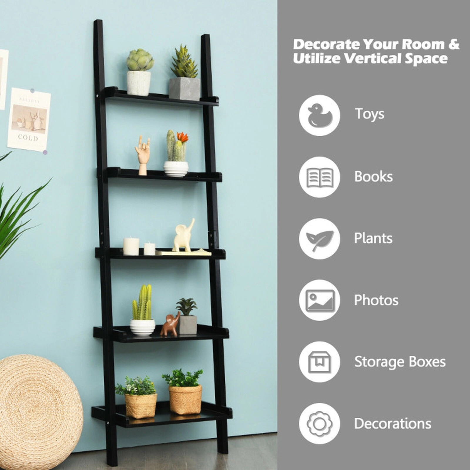 SUGIFT Black 5-Tier Wall-Leaning Ladder Shelf 74.5 in Display Rack