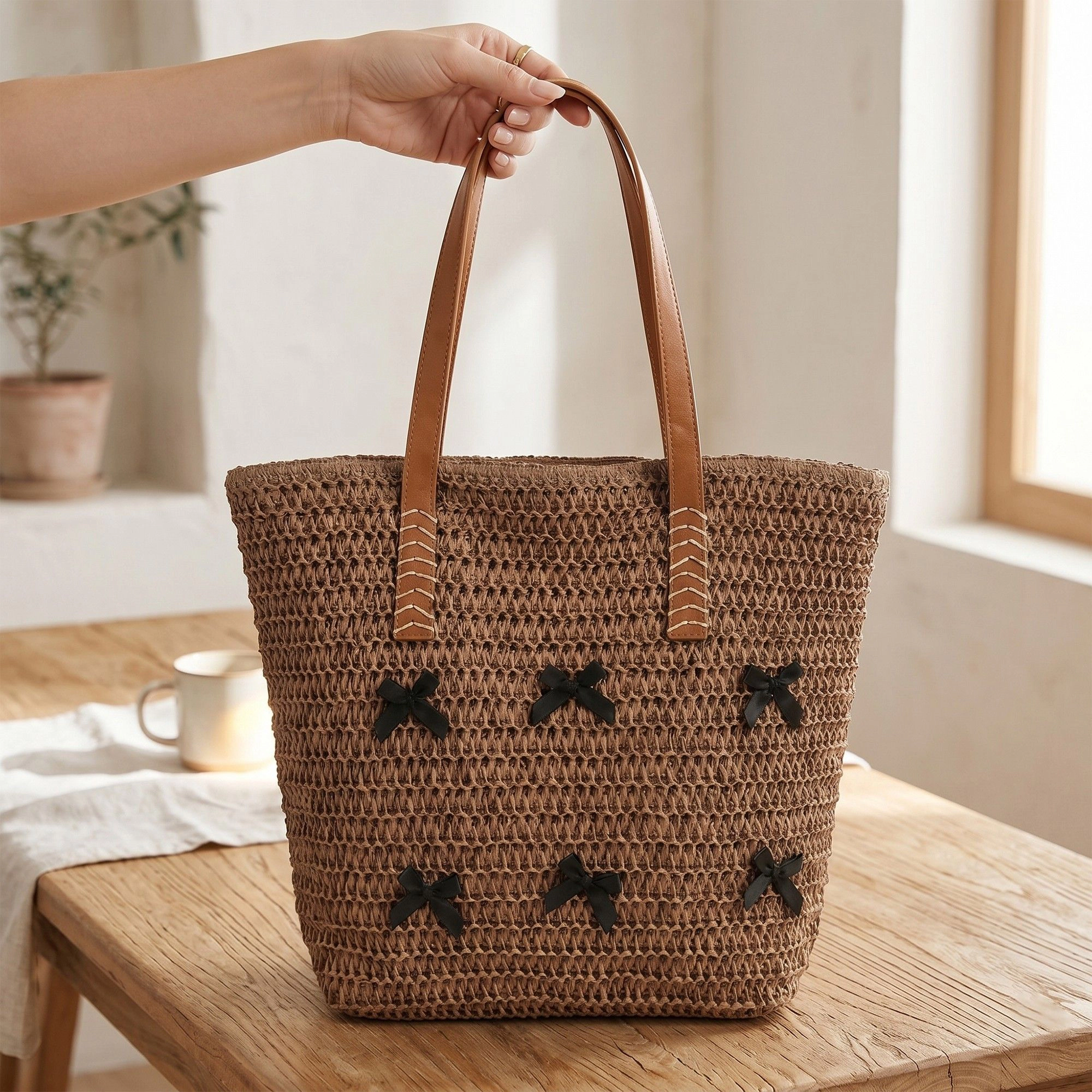 Alilang Women's Woven Crochet Tote Bag with Bow Detail Leather Strap Shoulder Handbag Lightweight Knit Large