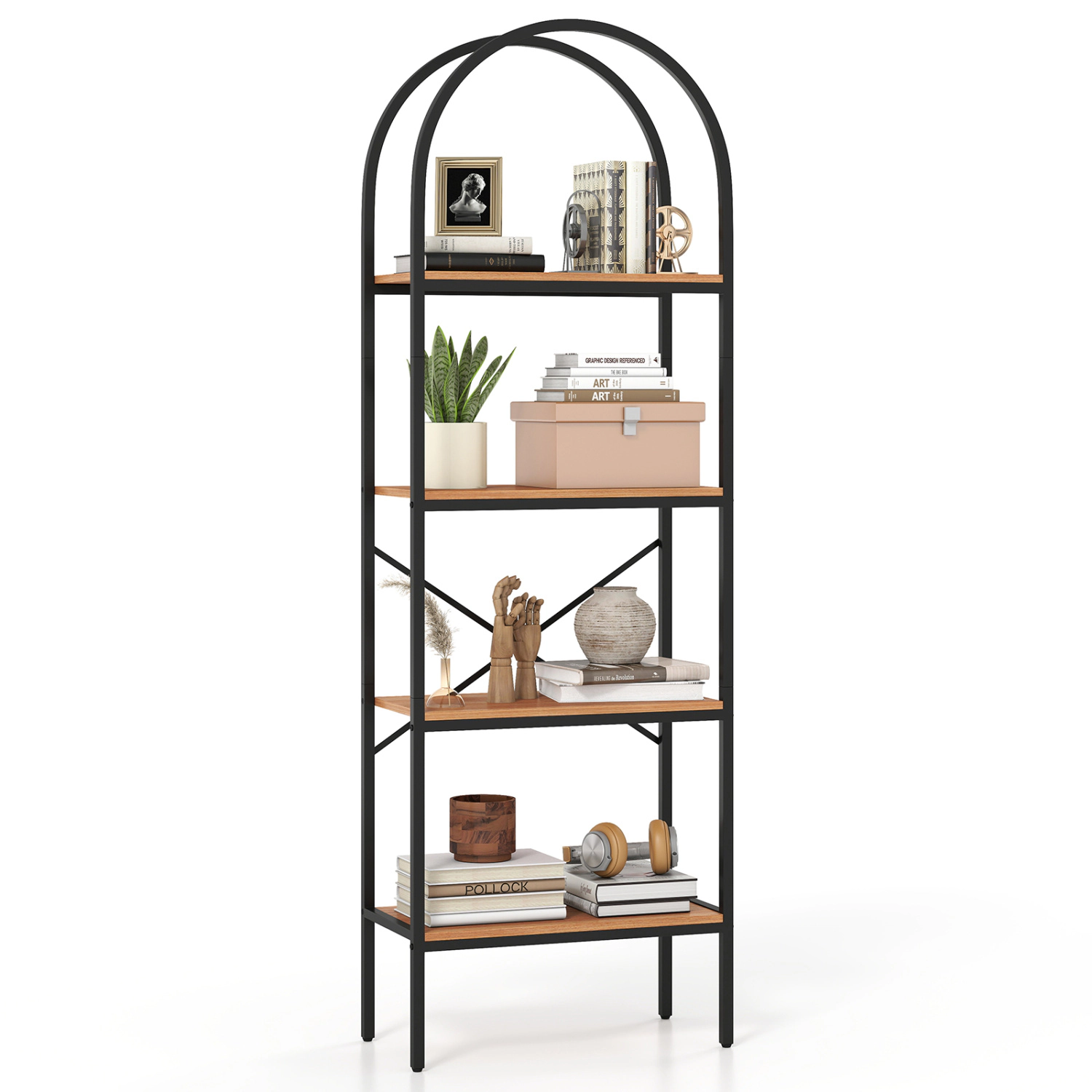 LJG 71" Tall Arched Bookcase 4-Tier with Storage Shelves & Metal Frame for Home Office