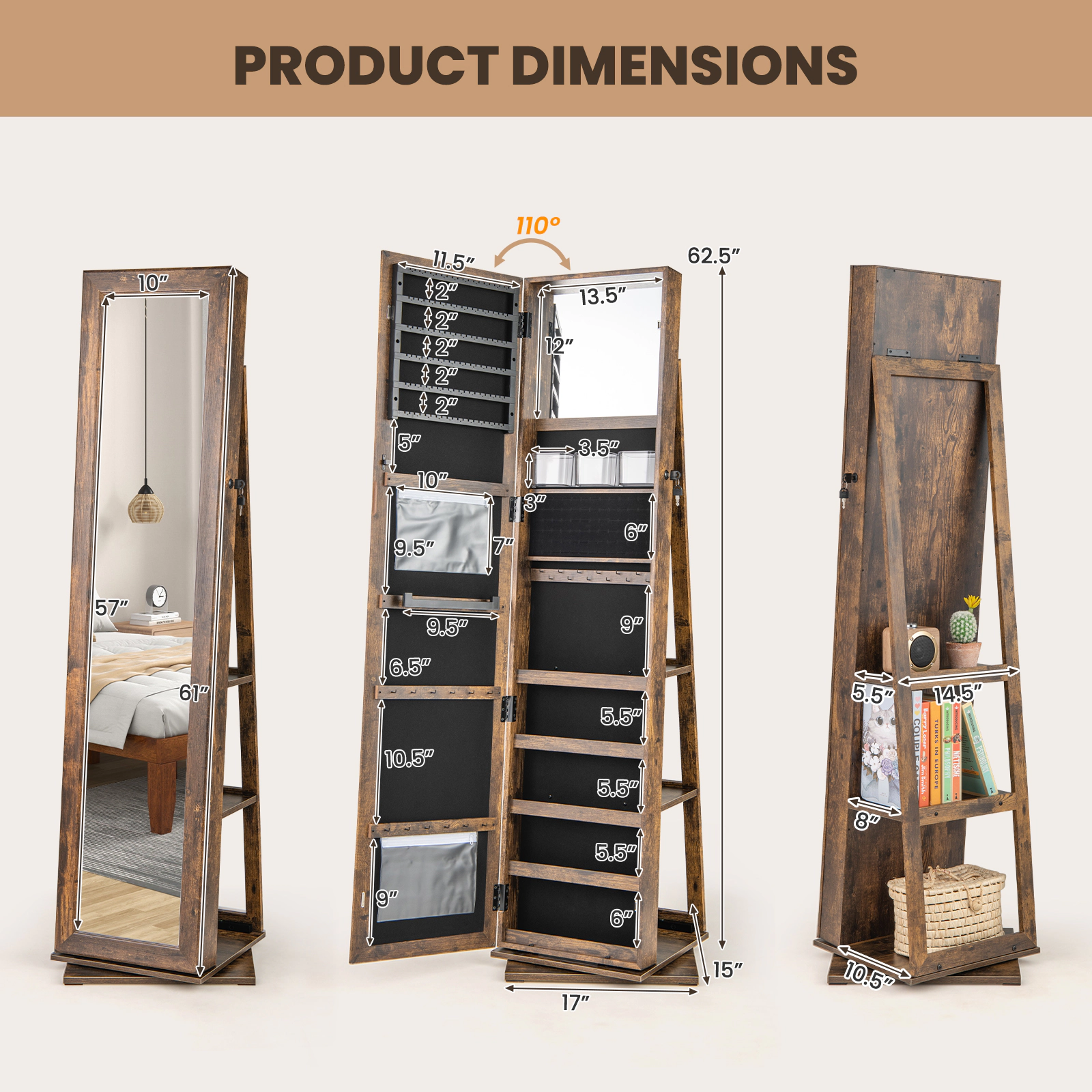 SUGIFT 360-Degree Swivel Jewelry Armoire Standing Organizer with Full-Length Mirror and Open Back Shelves