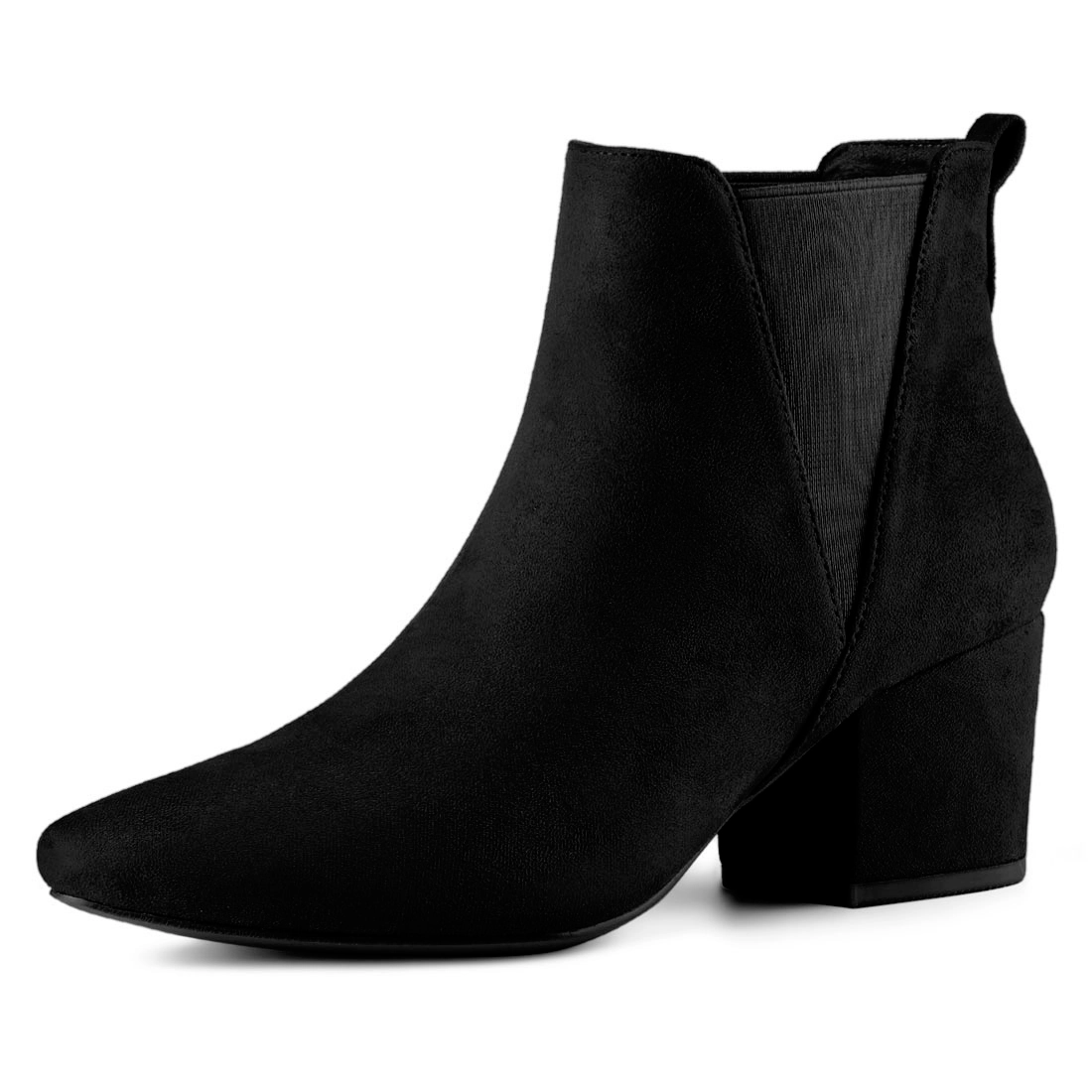 BLISSFUL STEP Women Faux Suede Pointed Toe Block Heel Ankle Chelsea Boots