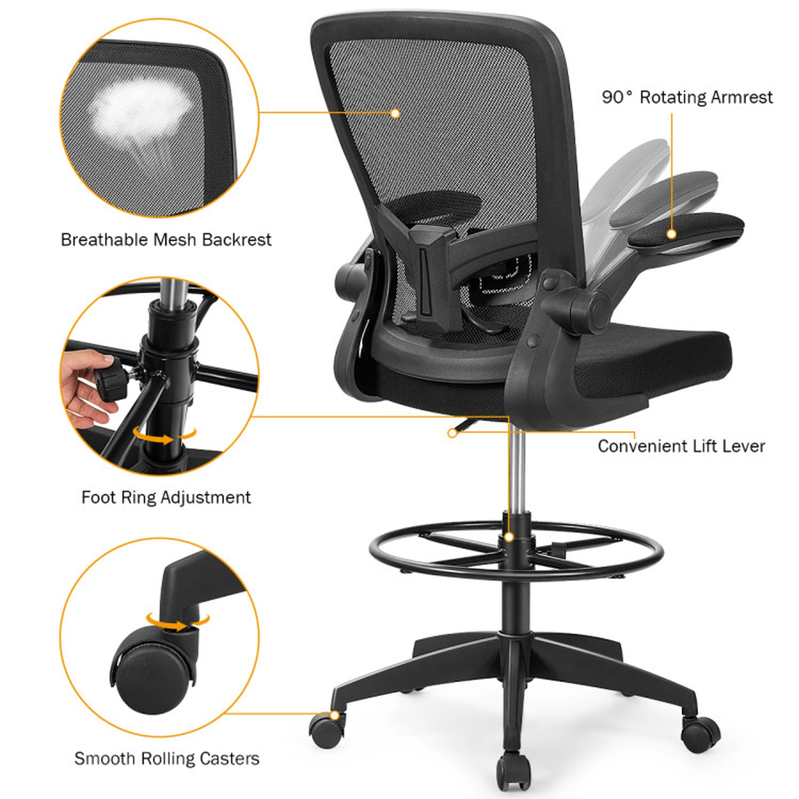 SUGIFT 300-lb Capacity Black Mesh Tall Drafting Chair with Adjustable Foot Ring and Flip-Up Arms