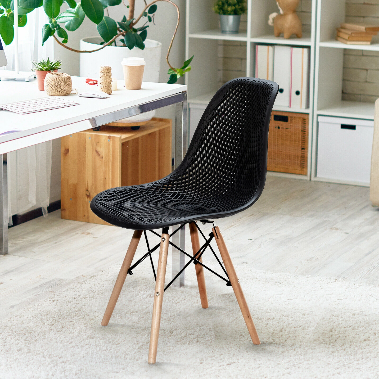 SUGIFT Set of 4 Mid-Century Modern Plastic Dining Chairs with Mesh Seats and Beech Wood Legs