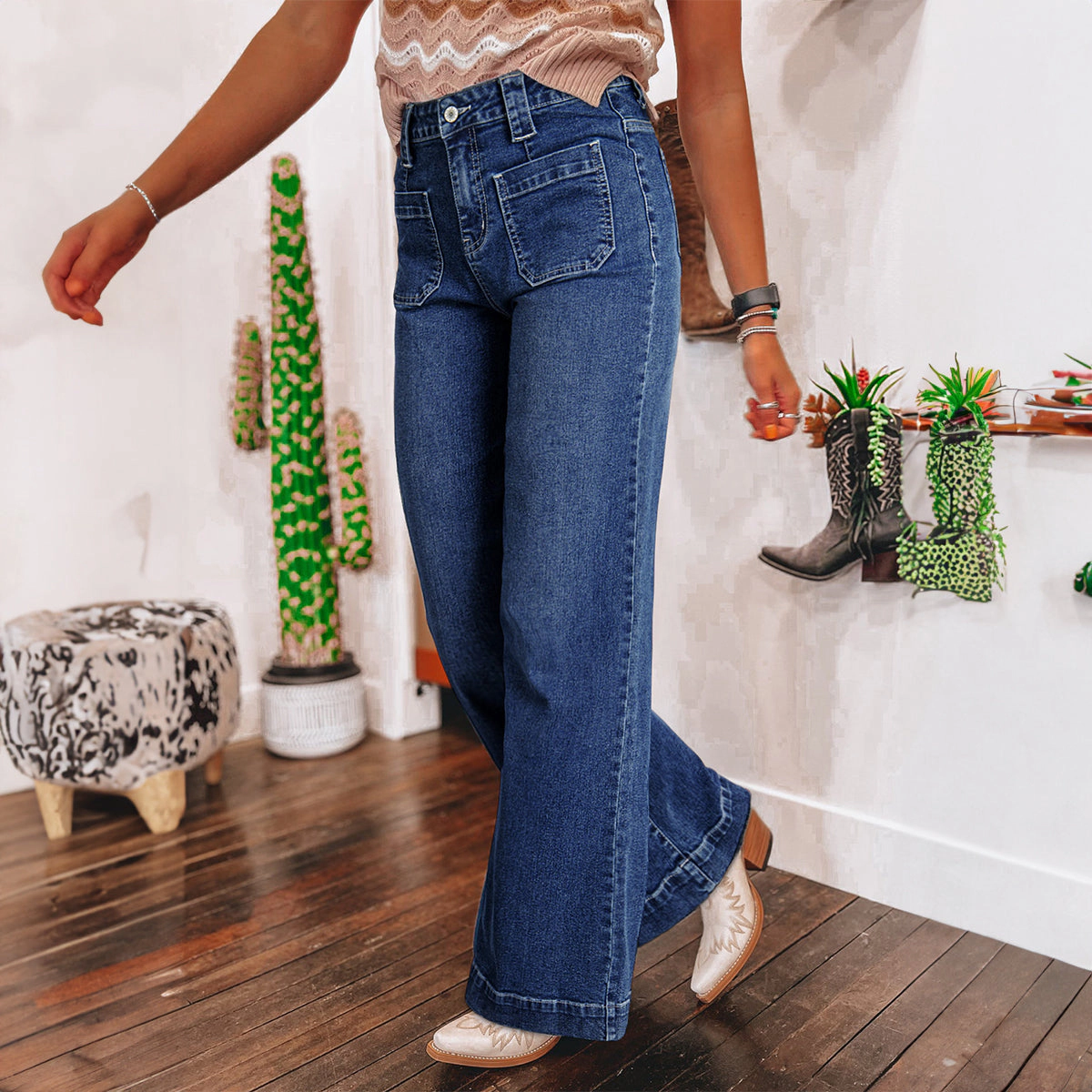 Sol Living Sail Blue Wide Leg Pocketed High Waist Jeans
