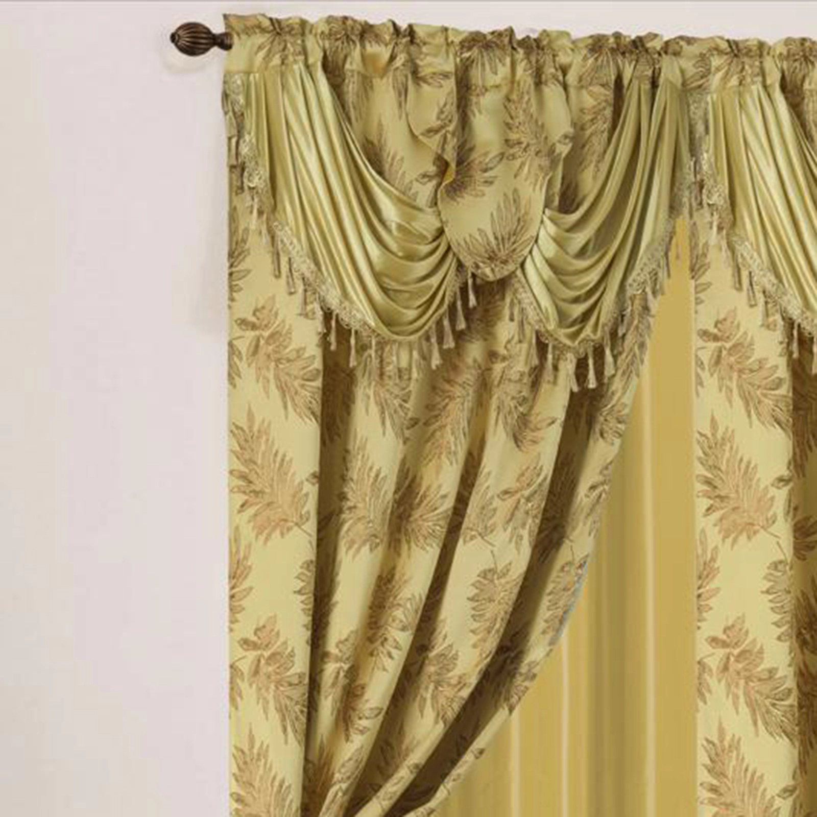 Olivia Gray Palm Floral Textured Jacquard 54 x 84 in. Single Rod Pocket Curtain Panel w/ Attached 18 in. Valance in Gold