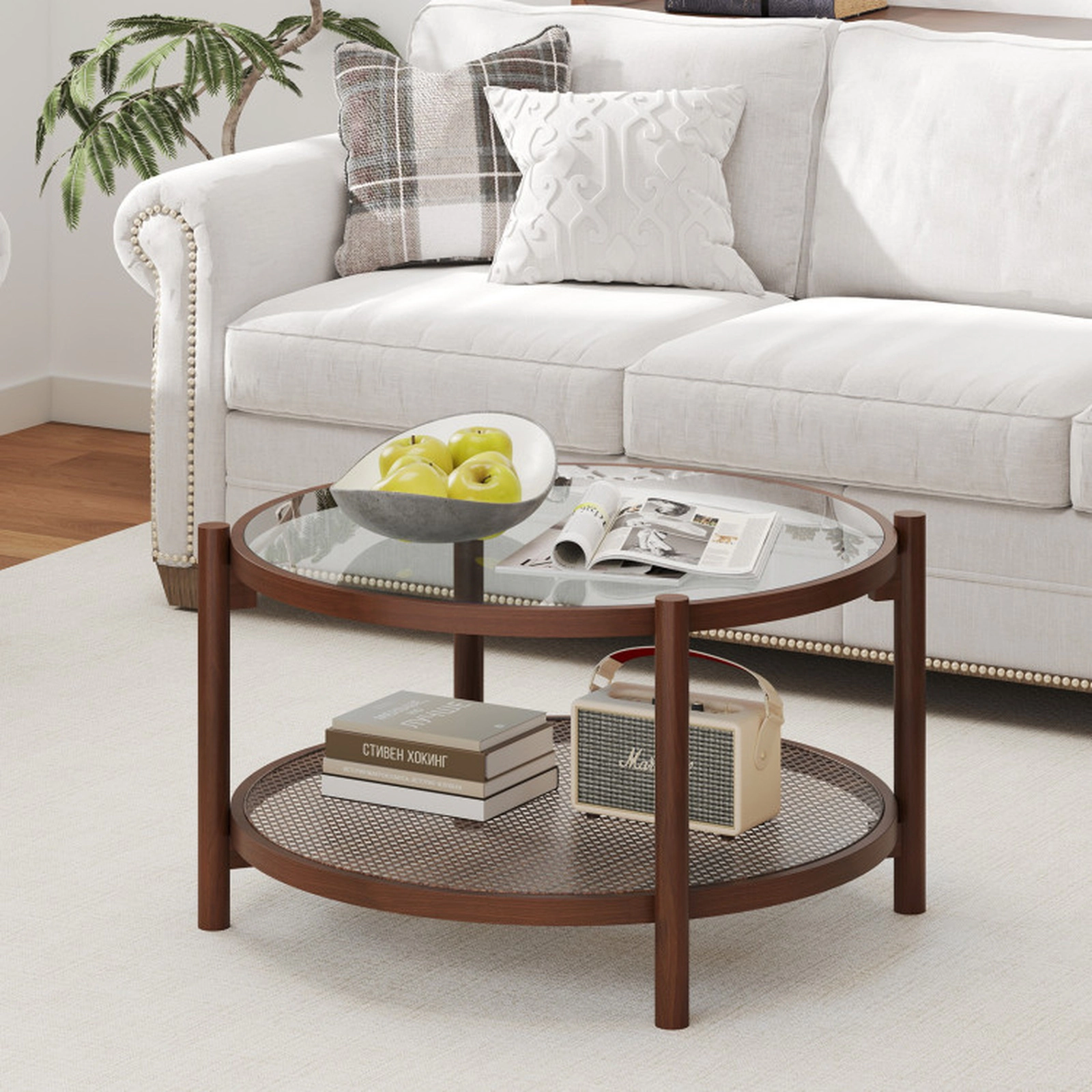 SUGIFT 31-in 2-Tier Round Coffee Table with Tempered Glass Top 265-lb Tabletop Capacity Cherry+Transparent