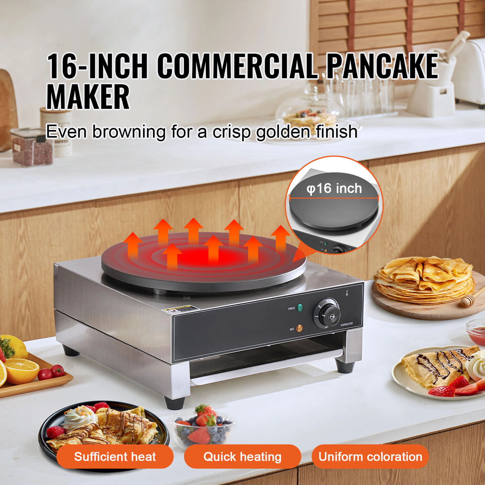 HONGGE Electric Crepe Maker, 16-Inch Commercial Machine, Flat Plate Griddle, Nonstick Stainless Steel