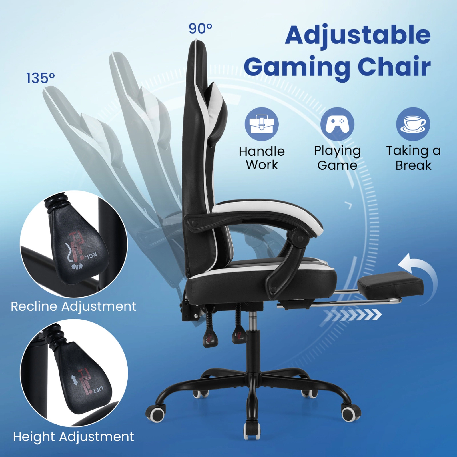 SUGIFT Ergonomic Gaming Computer Chair with Headrest and Lumbar Support 330-Lb Capacity 24.5-in Wide Seat Black