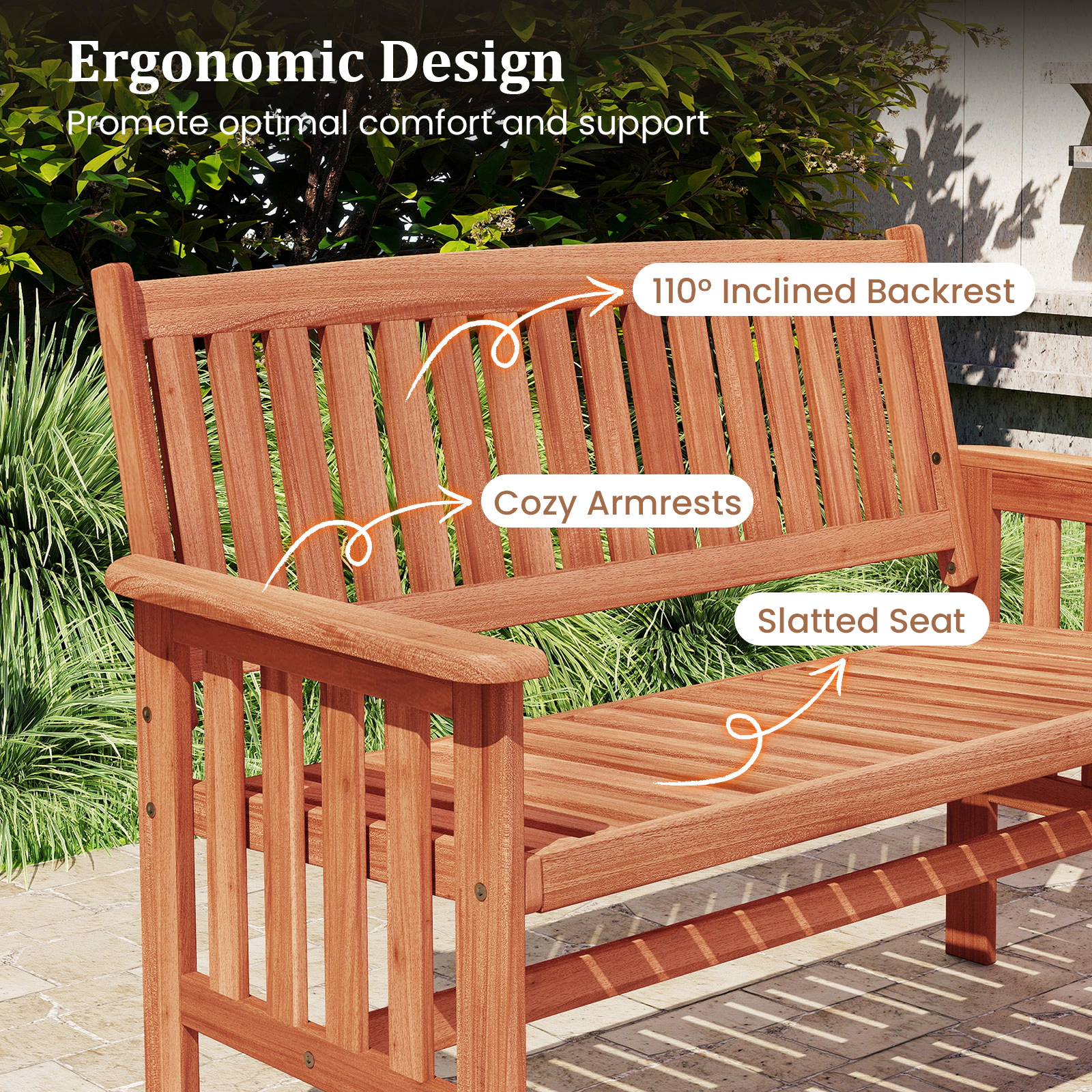 SUGIFT 47-In 2-Person Natural Wood Outdoor Garden Bench with Reclined Backrest