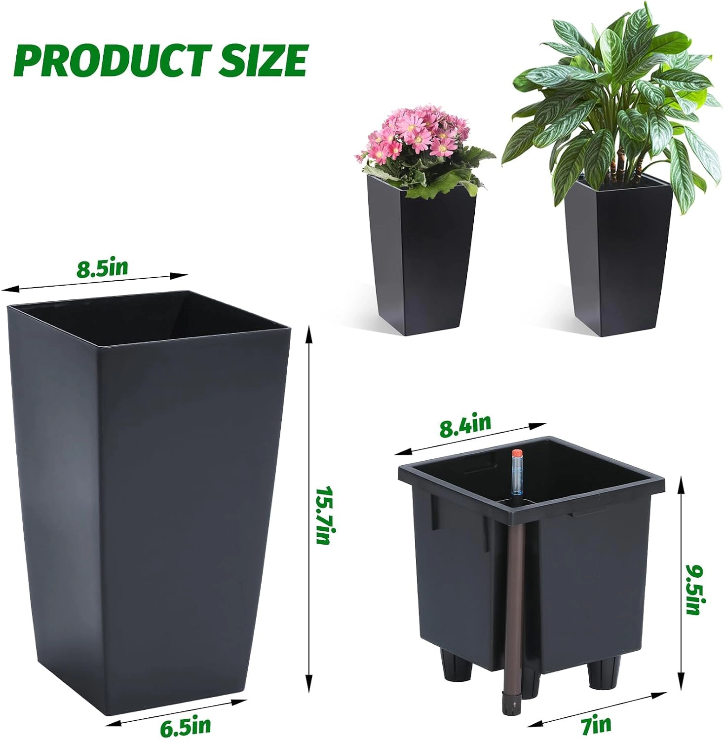 Set of 2 Planters 16" Tall, Self-Watering with Drainage & Water Level Monitor, Wheels, Indoor Outdoor
