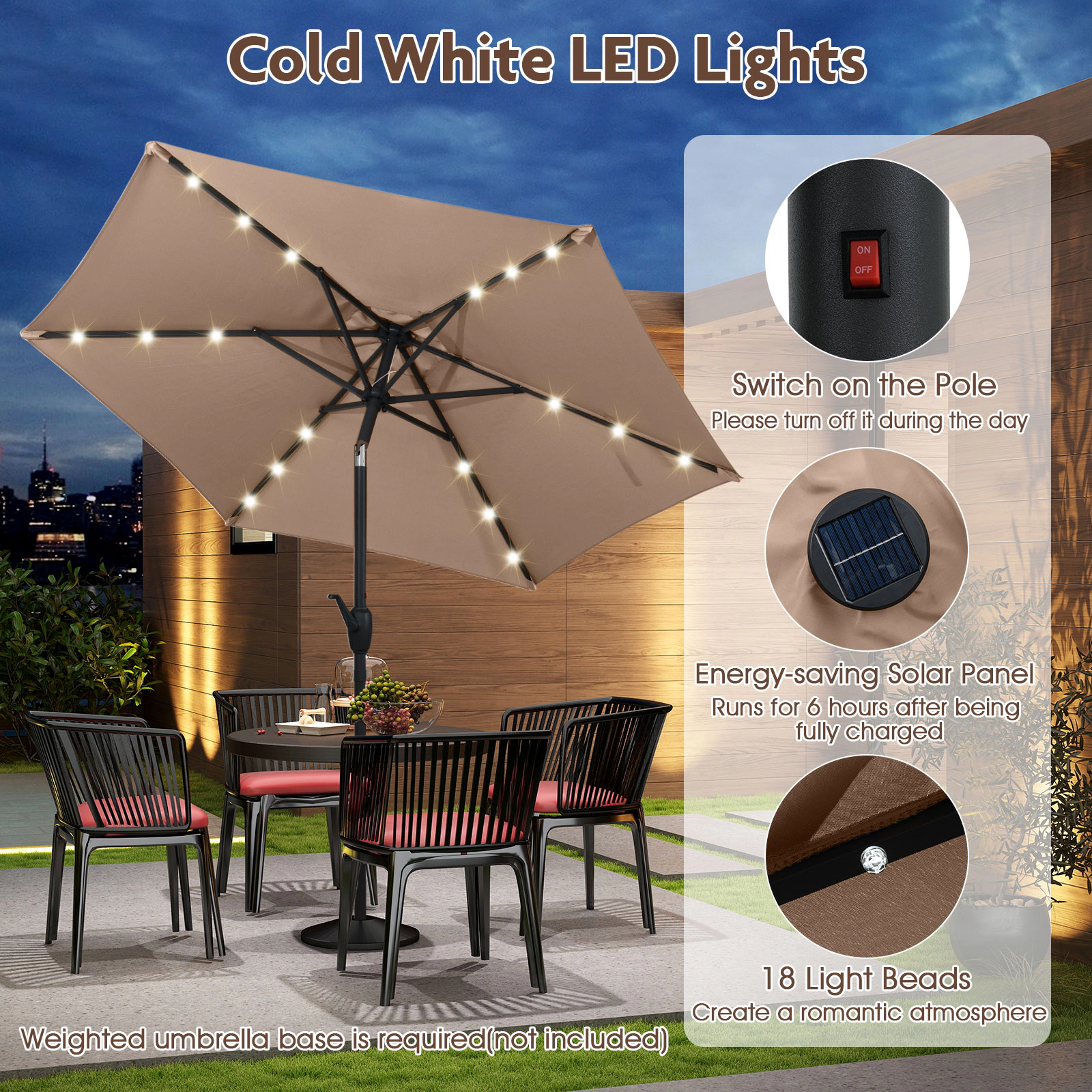 SUGIFT Tan 7.5 ft Solar Powered Patio Umbrella with 18 LED Lights and Crank Handle