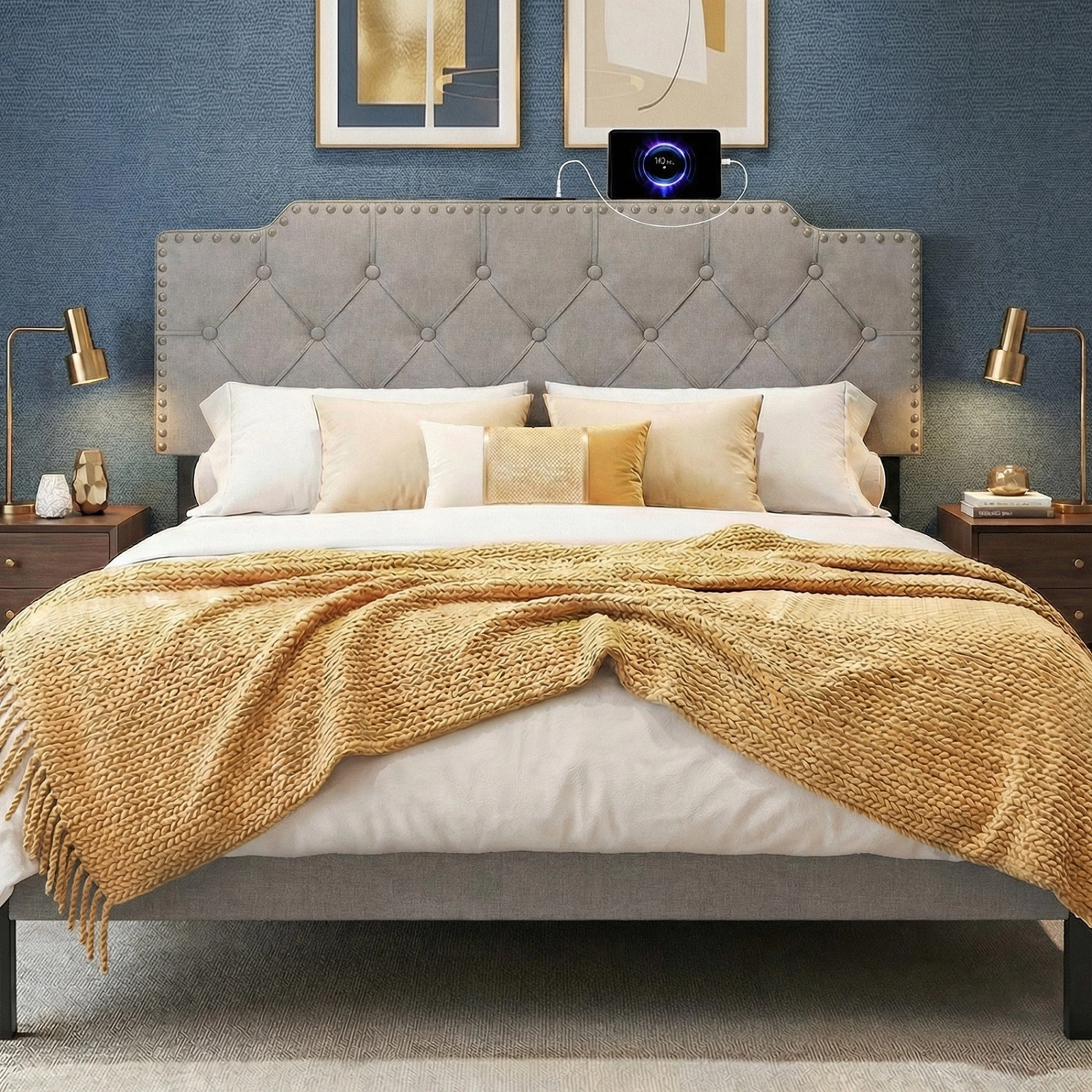 SUGIFT Gray Rivet-Tufted Headboard with Charging Station, Full/Queen