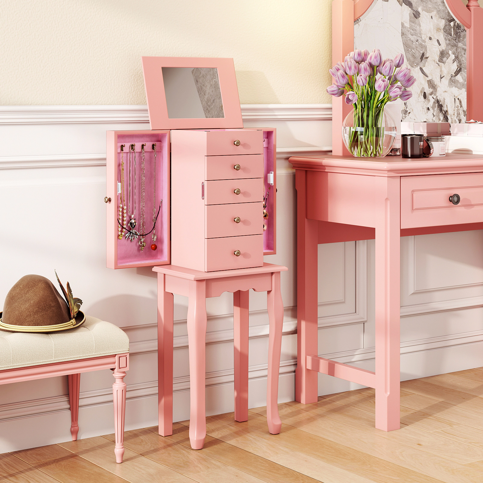 SUGIFT 5-Drawer Standing Jewelry Armoire Cabinet with Mirror and Side Compartments 34-in Tall Pink