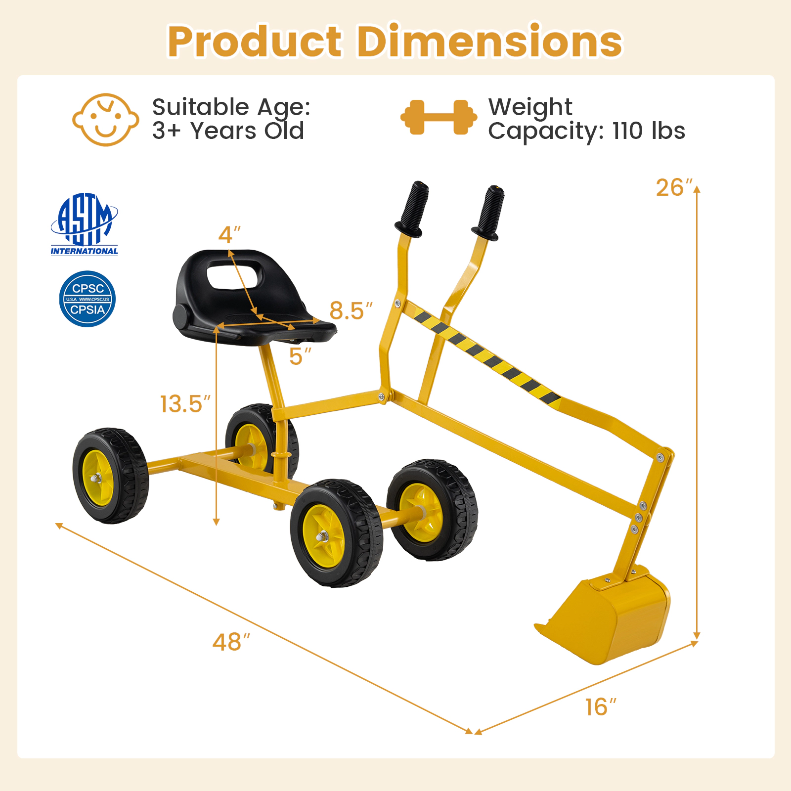 All-Season Kids Sand Digger Ride-On Excavator Toy 2-Handed Levers 360-Degree Swivel Seat Backrest 110-lb Ages 3+ Yellow