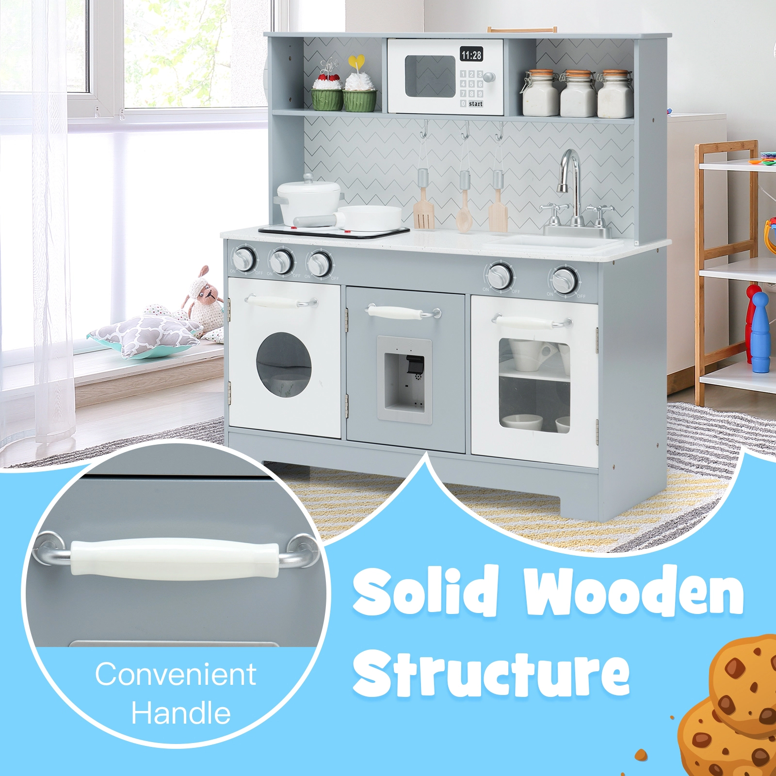 SUGIFT Realistic Pretend Play Kitchen Toy Set with Light and Sound For Kids Over 3 Years White and Gray