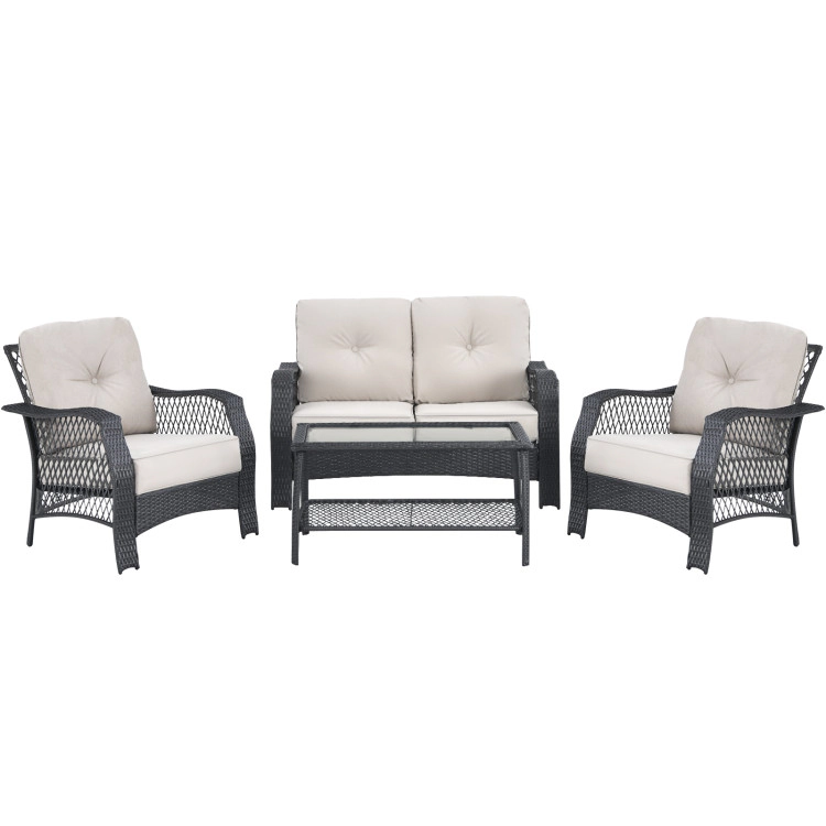 Hivvago 4 Pieces Patio Wicker Furniture Set Loveseat Sofa Coffee Table With Cushion-Beige