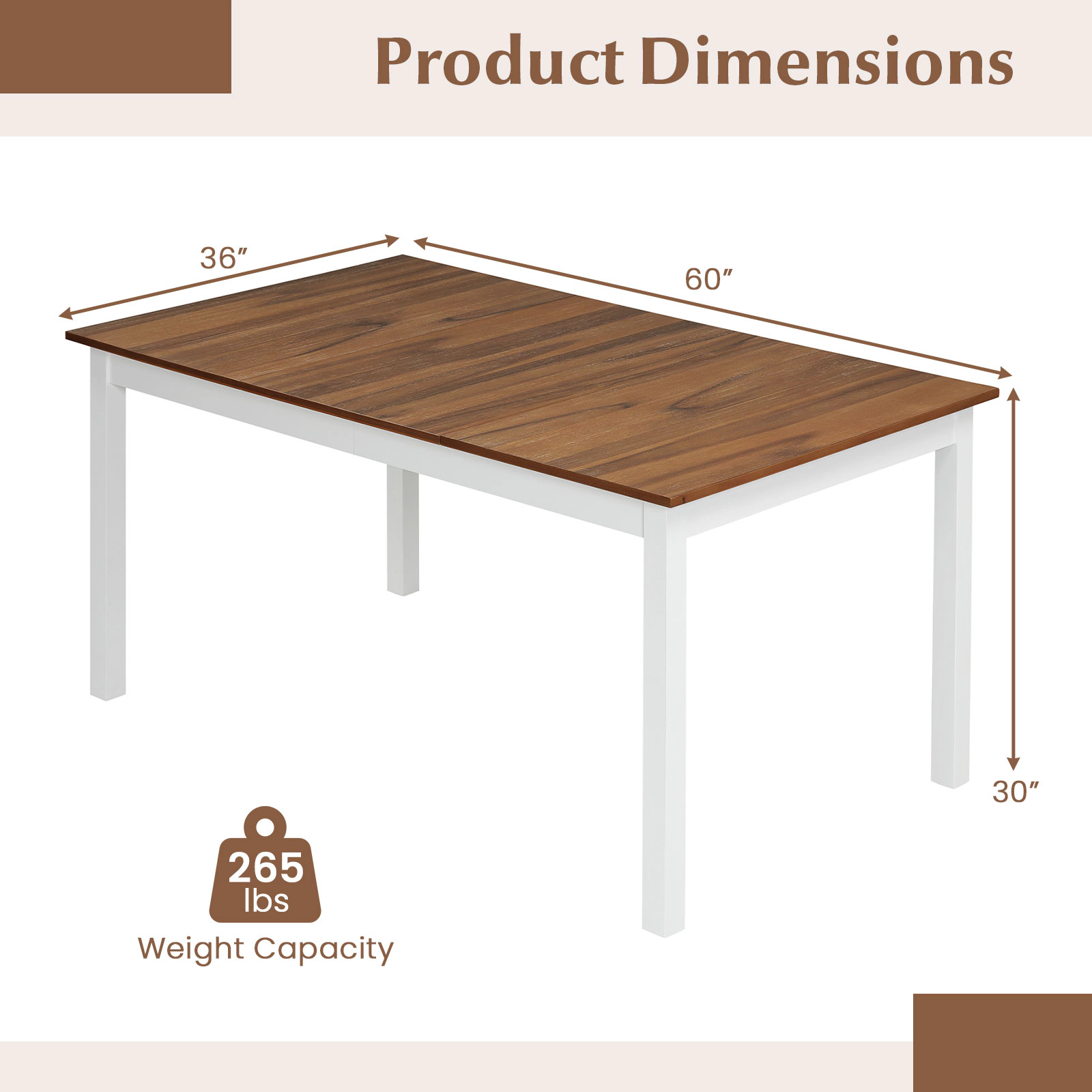 LJG 60 Inch Rectangular Dinner Table with Solid Rubber Wood Legs