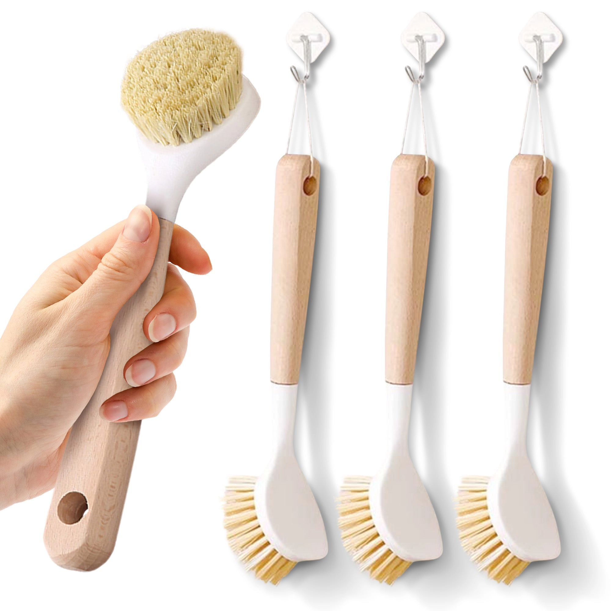 Cheer Collection 3 Piece Bamboo Dish Brush Set with Scraper – Tough Bristles