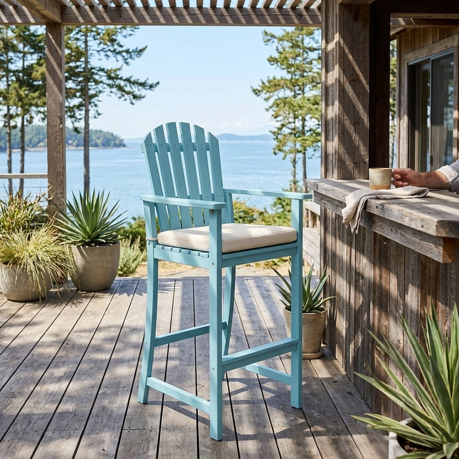 SUGIFT Turquoise Acacia Wood Adirondack Bar Chair, 31-Inch Seat, Footrest