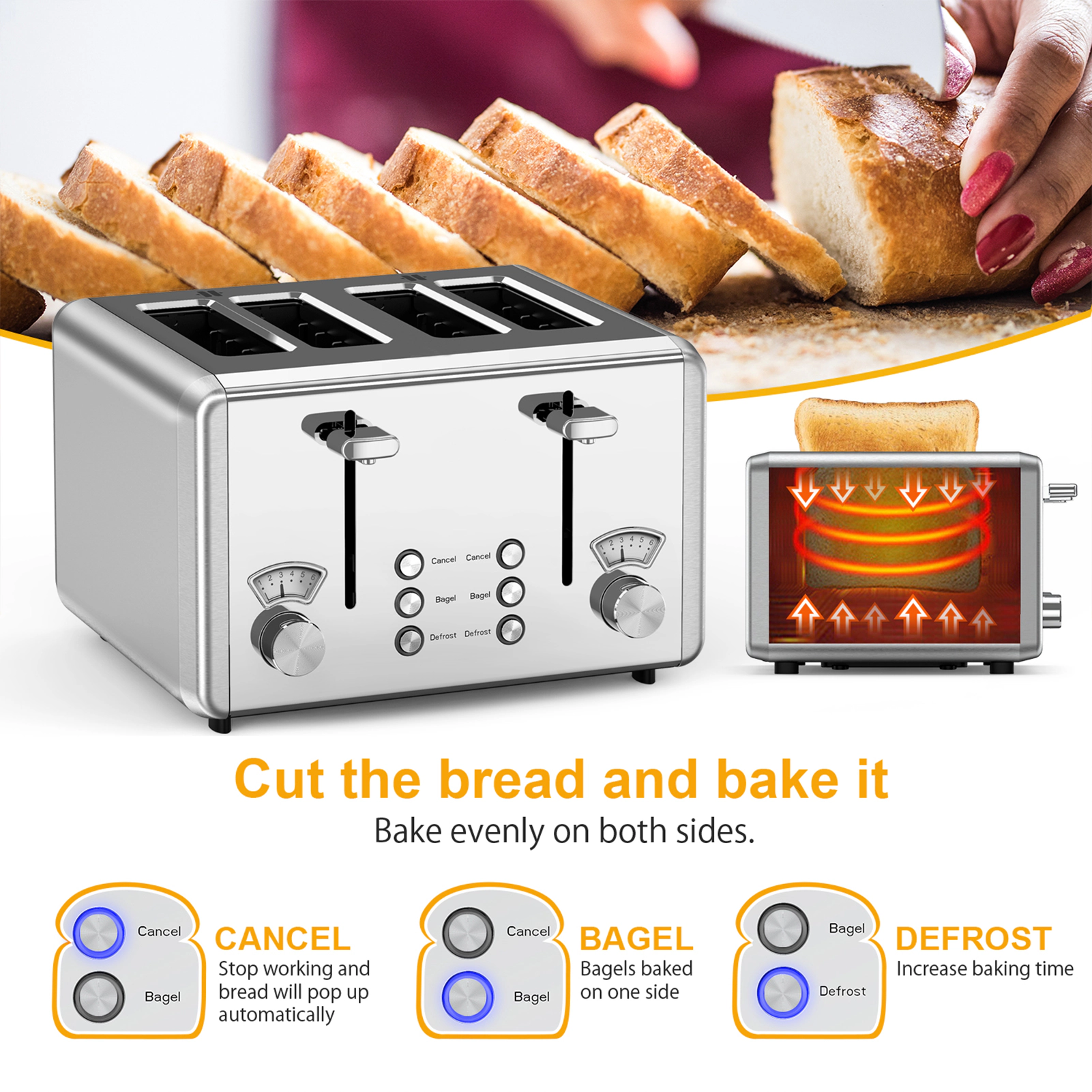 WHALL 4 Slice Stainless Steel Toaster with Dual Control Panels, 6 Shade Settings & Bagel Setting